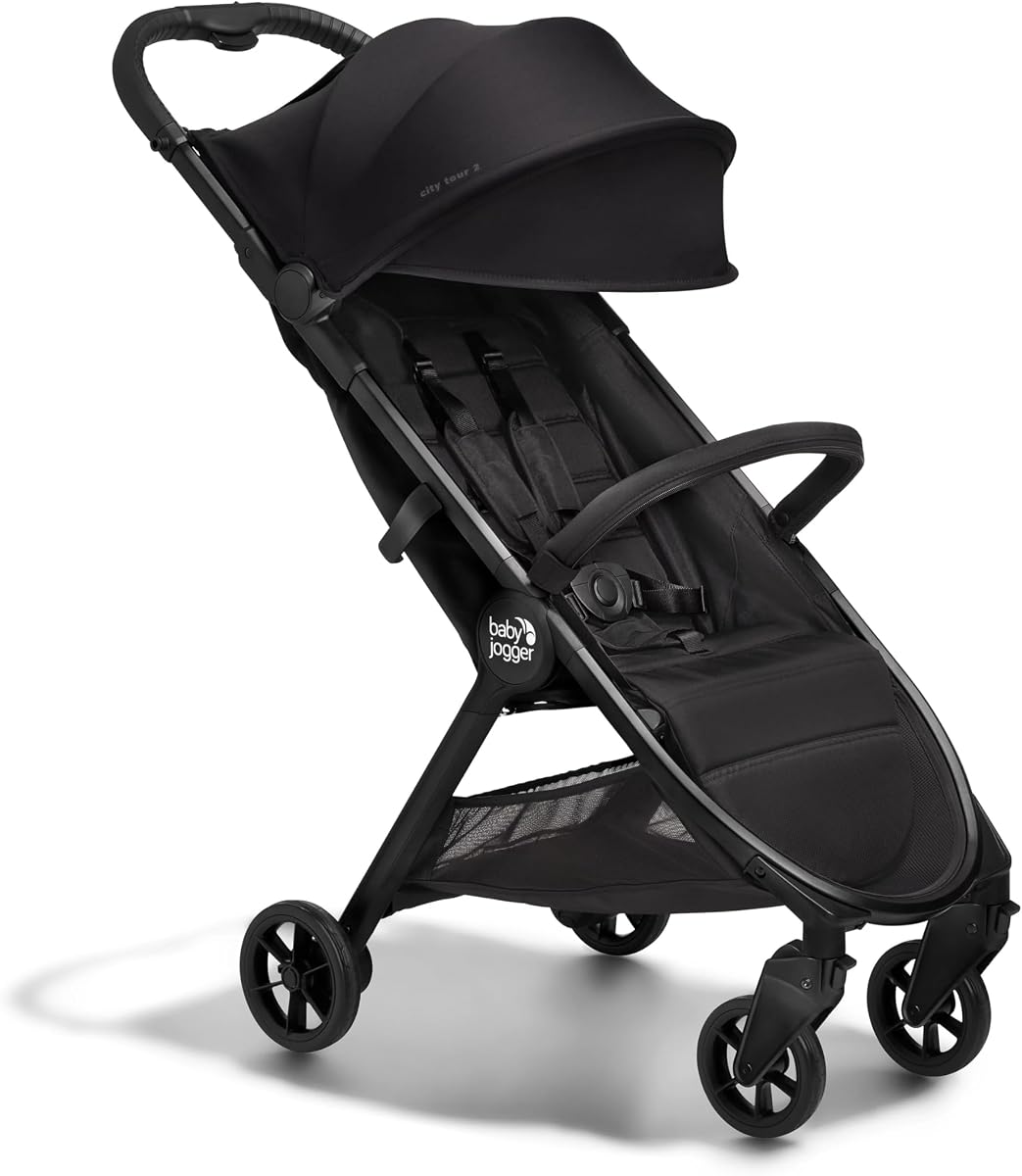 Baby Jogger® City Tour 2 Cochecito de viaje ultracompacto de mano aprobado con barra para el vientre, cochecito de bebé ligero con fácil plegado en un solo paso, esencial para viajes de bebé, Eco Black