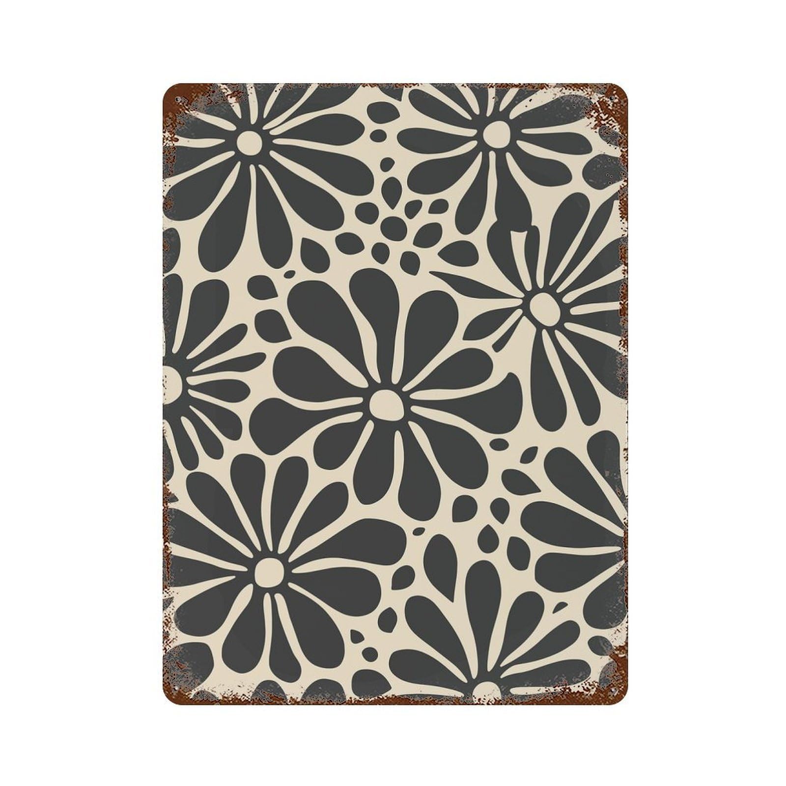 Garage Style Black Daisies Floral Mid Century Rust Effect Tin Sign 15.7"x11.8", Classic Wall Plaque for Bar And Workshop