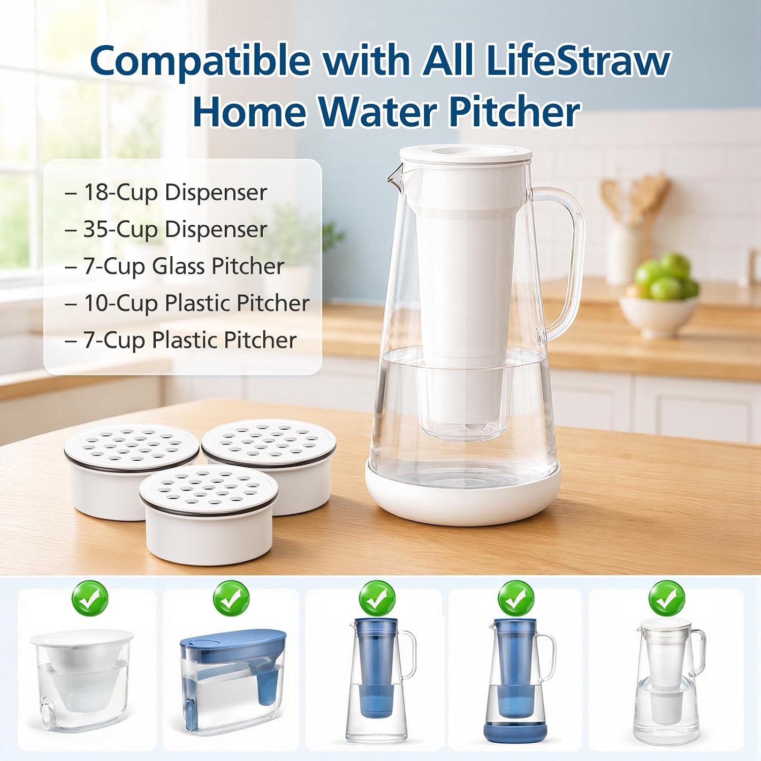 Water Pitcher Filter Replacement for LifeStraw Home, 3-Pack Carbon Filter | 3 Pack Activated Carbon Filters Compatible with LifeStraw Home Dispenser and Pitcher Systems