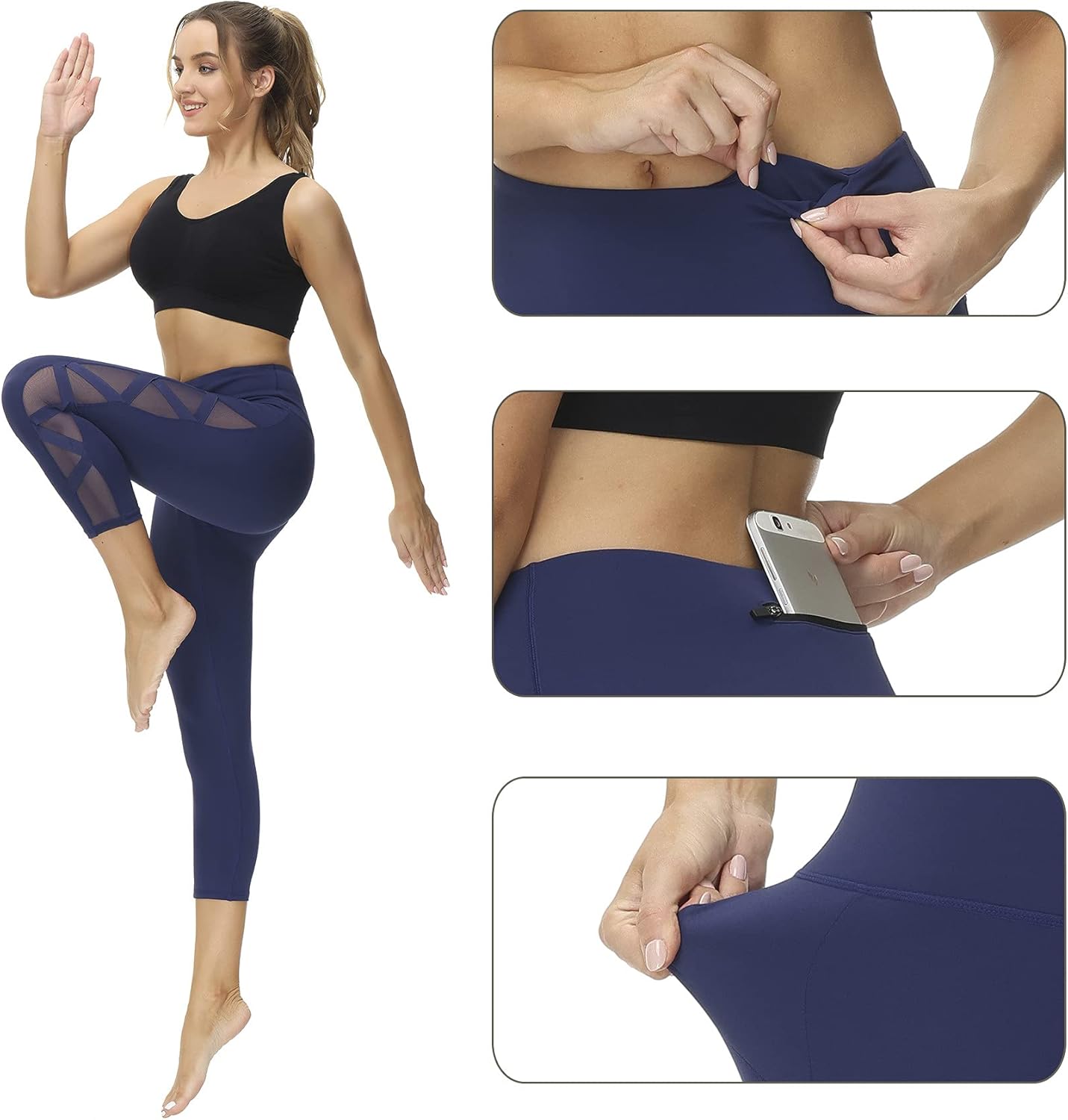 romansong Women's Mesh Leggings Yoga Pants with Pocket, Non See-Through Capri High Waisted Tummy Control 4 Way Stretch - Image 4