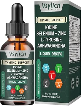 Thyroid Supplement Drops for Women and Men - Energy & Focus Formula, with L Tyrosine, Iodine, Vitamin B12 Complex, Zinc, Ashwagandha, Selenium, Copper, Coleus Forskohlii - Vegan & Non-GMO 60ml