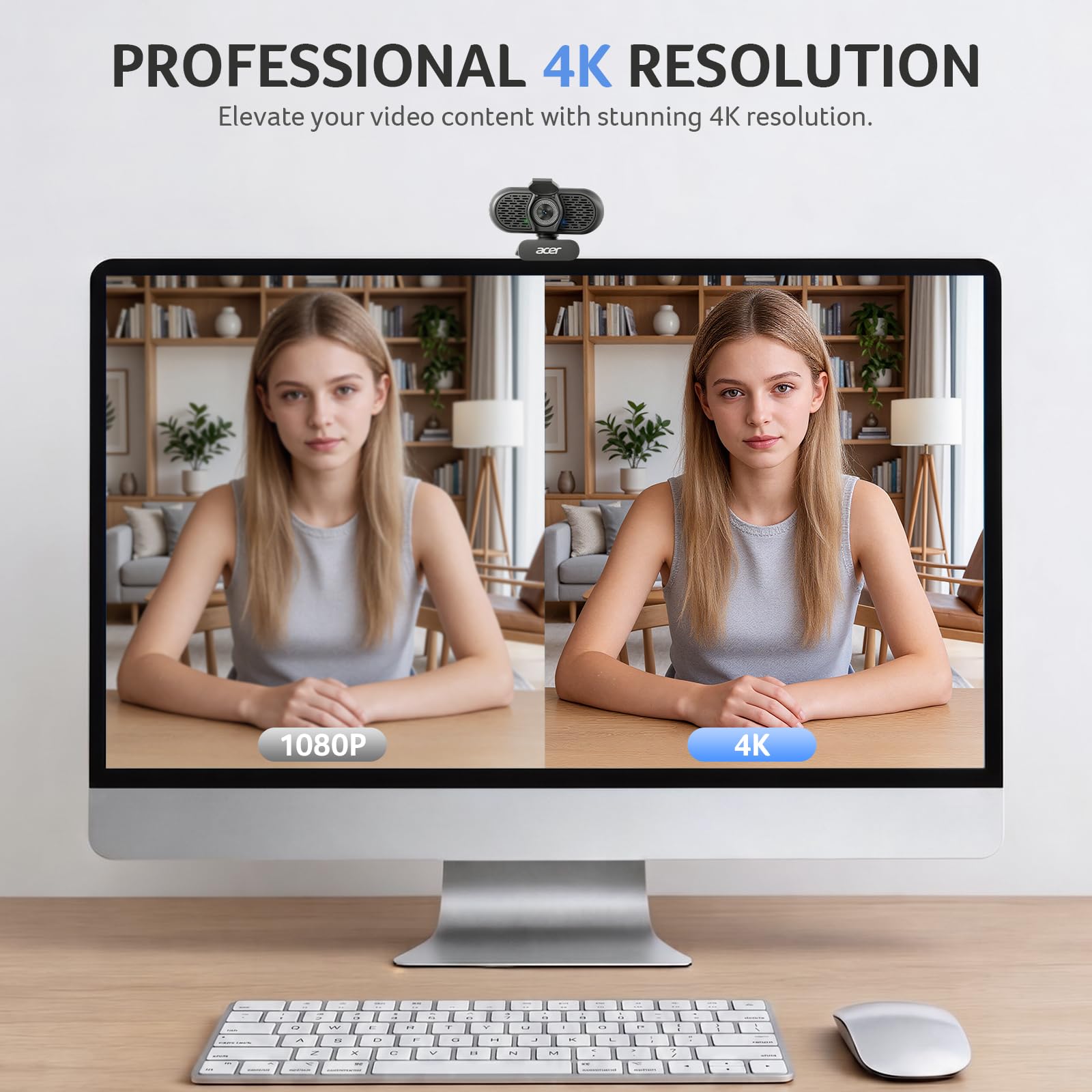 Acer A640 Webcam 4K per PC con sensore Sony PDAF Autofocus AI Noise Canceling Mic 2K 1080P/60fps Adattatore USB A a C Fotocamera per Gaming Streaming Riunioni Switch 2 Camera Team Zoom FaceTime