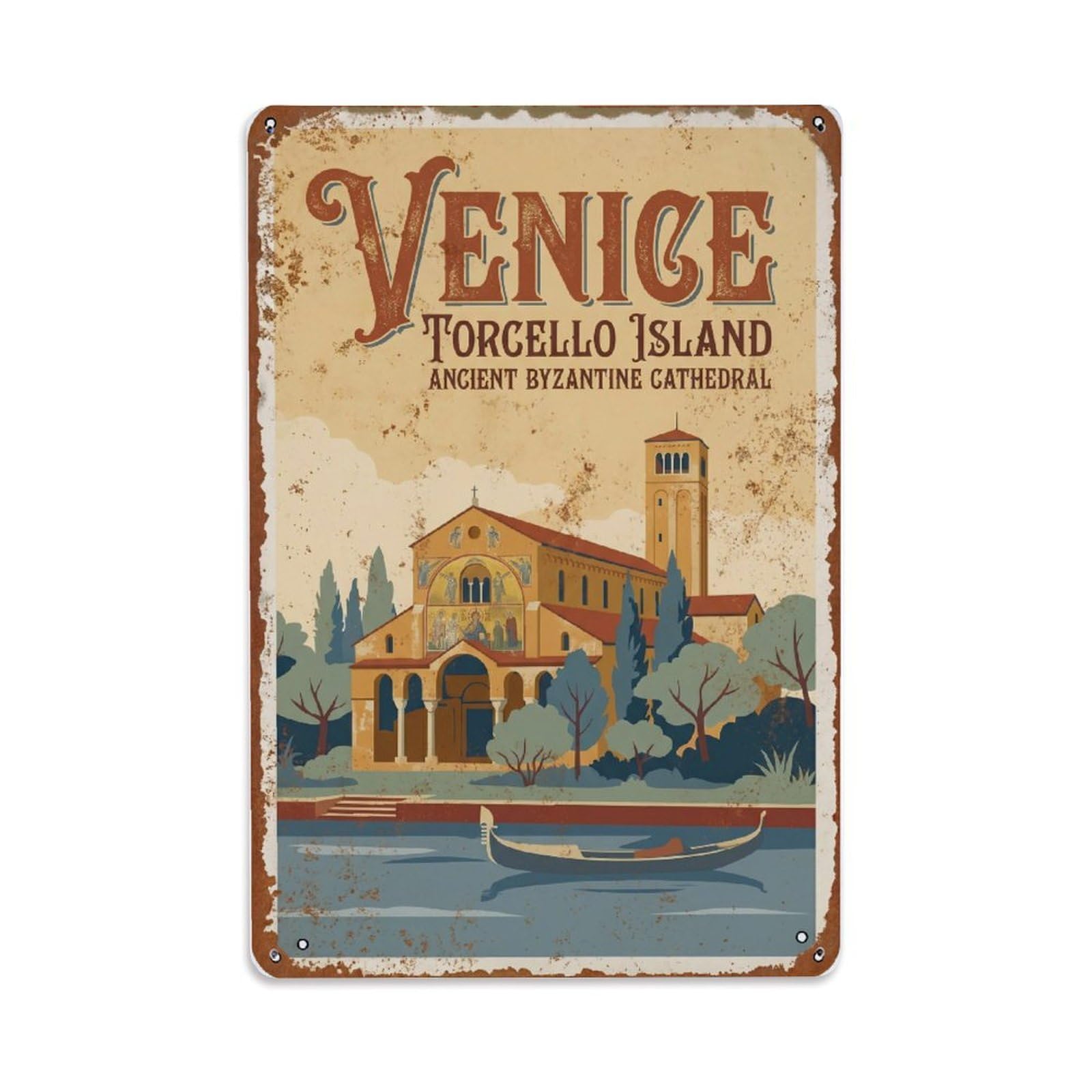 Vintage Travel Venice Torcello Island Ancient Cathedral Rusted Italy Metal Tin Sign Plaque Wall Decor for Cafe, Club Bar, Office, Home Garden Metal Poster 8x12Inch