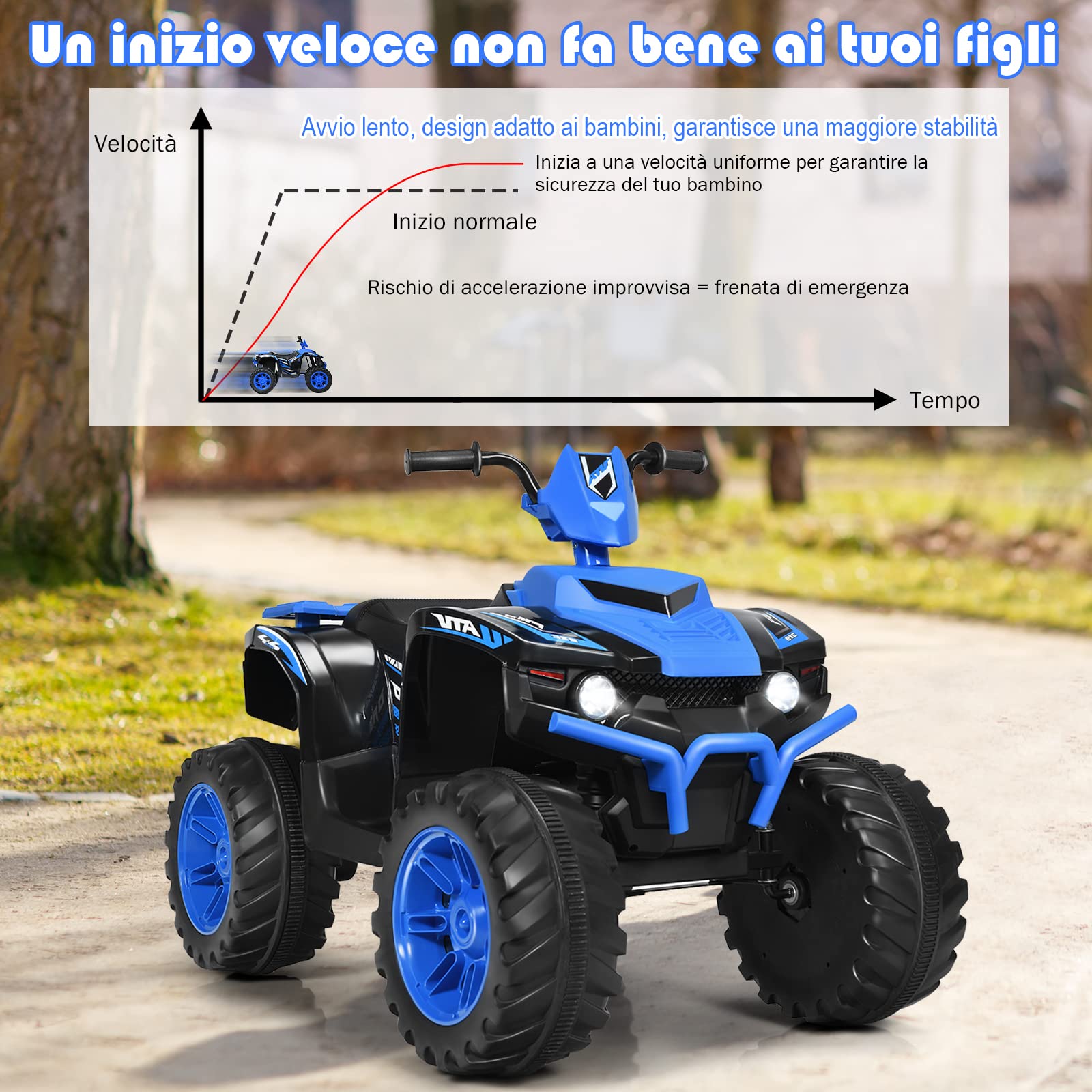 Costway 12V Quad Elettrico per Bambini, Auto Elettrica Cavalcabile con Luci LED e Musica, 5km/h, 3-7 Anni Blu