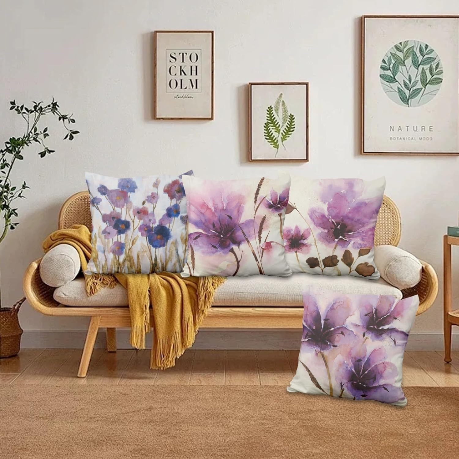 4 Pcs/Set Flowers Pillow Covers Purple Floral Watercolor Abstract Gradient Color Green Leaves Natural Plants Linen Throw Pillow Covers for Outdoor Couch Sofa Farmhouse Decor, 20"x20"