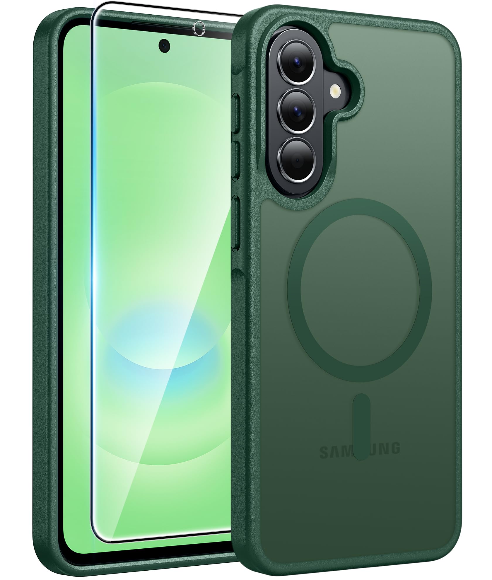FNTCASE for Galaxy A37/A36 5G Phone Case, Fit for Magsafe, Screen Protector | Translucent Matte Magnetic Back, 14FT Military Grade Drop Protection, Shockproof Protective, for Samsung A37 Cover, Green