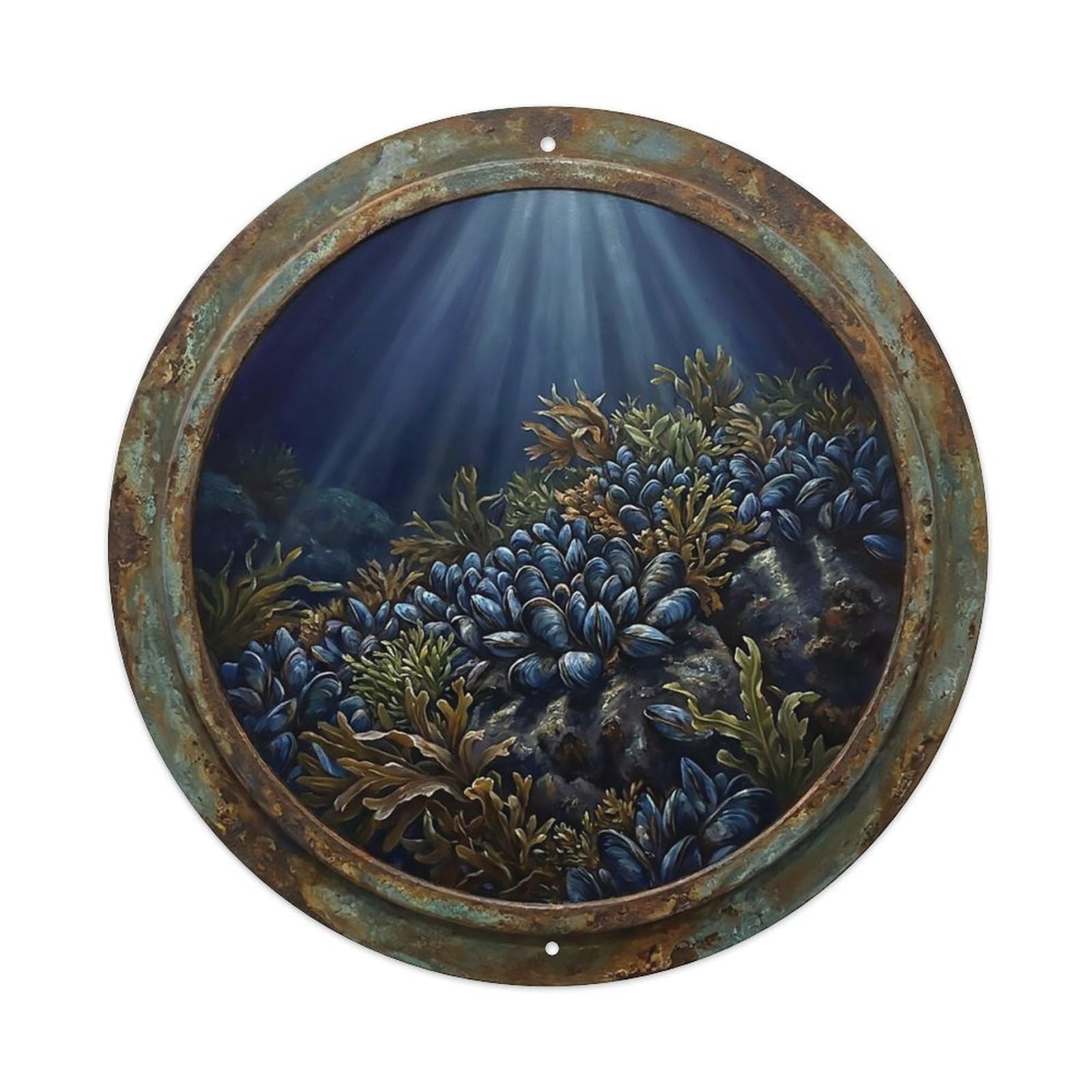 Vintage Porthole Mussel Colony Ship Window Undersea Deep Sea Metal Tin Sign