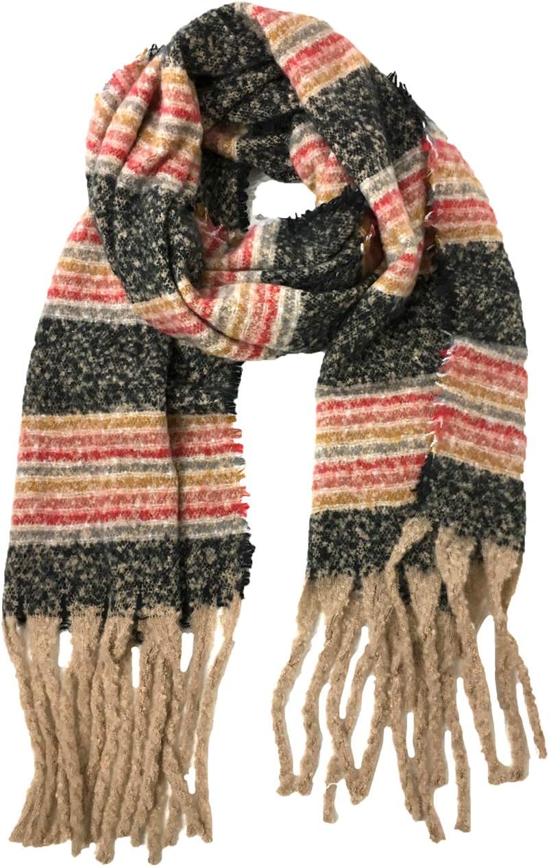 F.C. Fashion Culture Women's Soft Multicolored Stripes Long Scarf, Black Multi