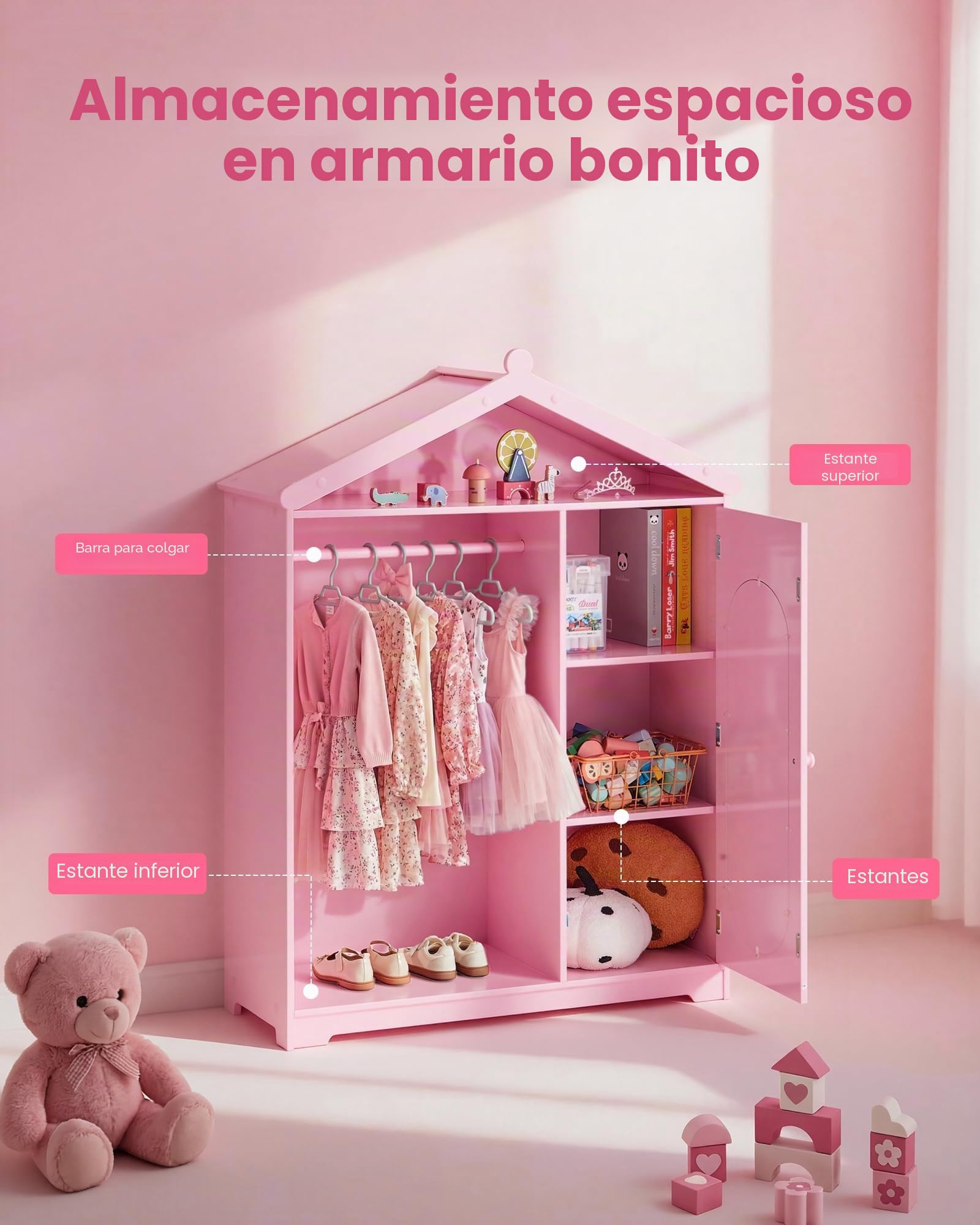 VEVOR Armario de Disfraces para Niños con Espejo, Perchero Infantil con Estantes, Mueble de Madera Estilo Cuento de Hadas para Dormitorio, Juegos, Organizador de Ropa con Barra y Compartimentos, Rosa
