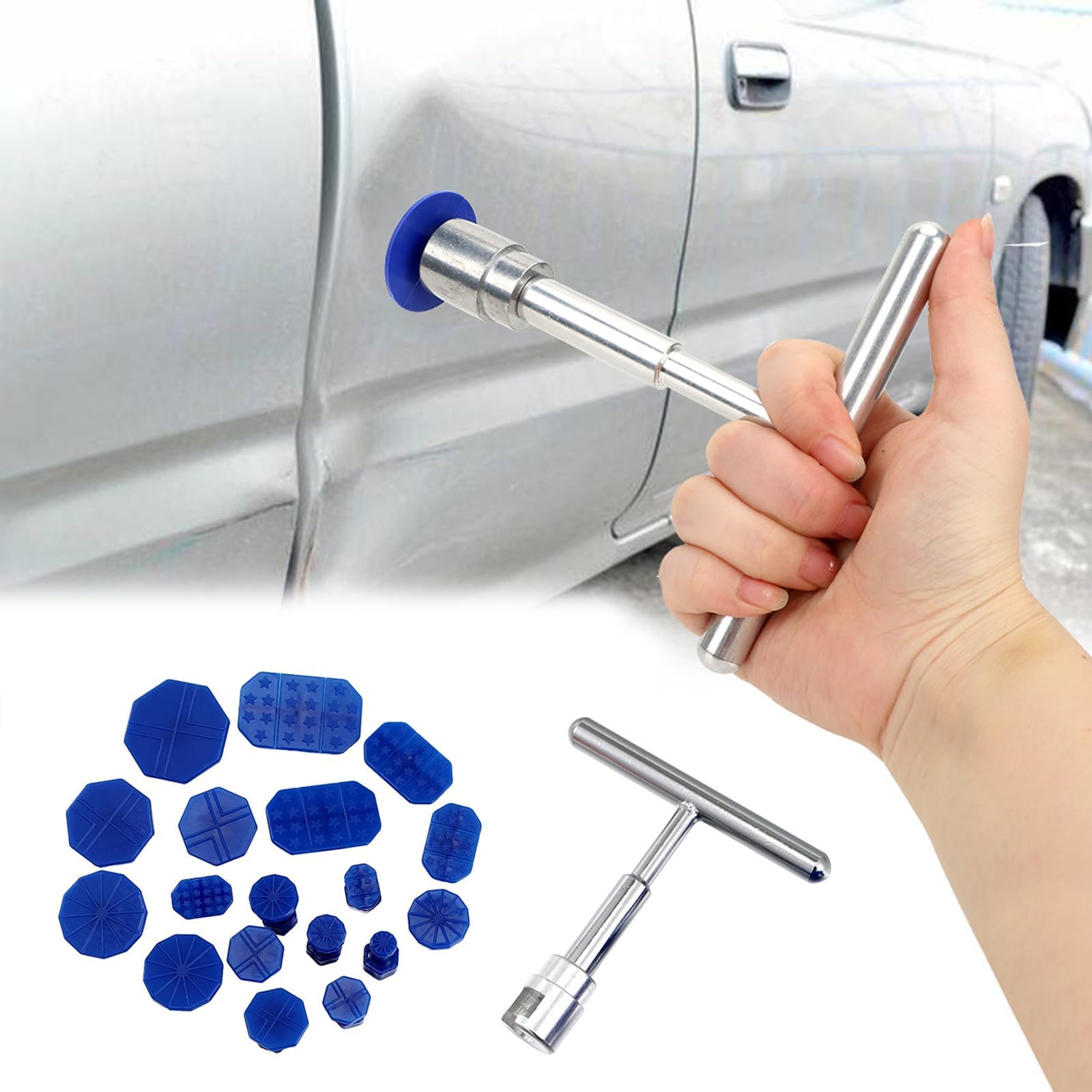 19 PCS Car Dent Repair Tool, T-Shaped Puller Handle Lifter + 18 Suction Cups of Different SPEC, Damage-Free Paint Dent Disappears Kit, Universal for Car Repair Accessory (Blue & Silver)