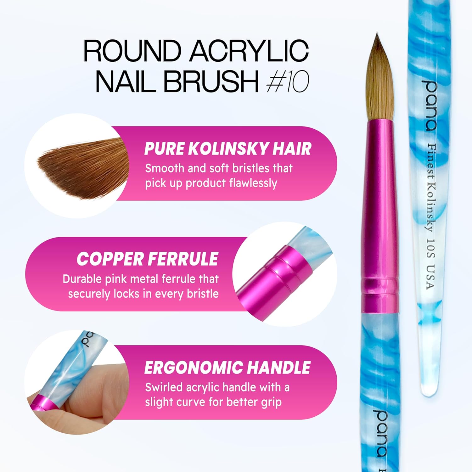 PANA USA Acrylic Nail Brush Pure Kolinsky Hair Acrylic White Swirl Blue Handle with Pink Ferrule Round Shaped - Size 10