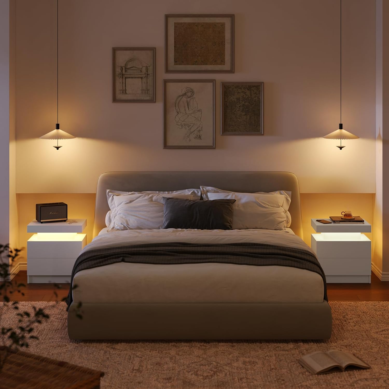 Nightstands Set of 2, Bedside Tables with LED Lights, Night Stands with 2 Wood Drawers, End Tables Set of 2 for Living Room/Bedroom