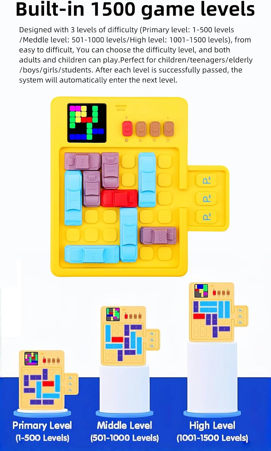 HLF Intelligent Car Huarong Road Speed Escape Game Maze Puzzle 1500 Levels Desktop Brick Game Machine Jigsaw Blocks Automatic Parking Sensing Logic Thinking Kid's Toys Teens/Boys/Girls Gift image 3