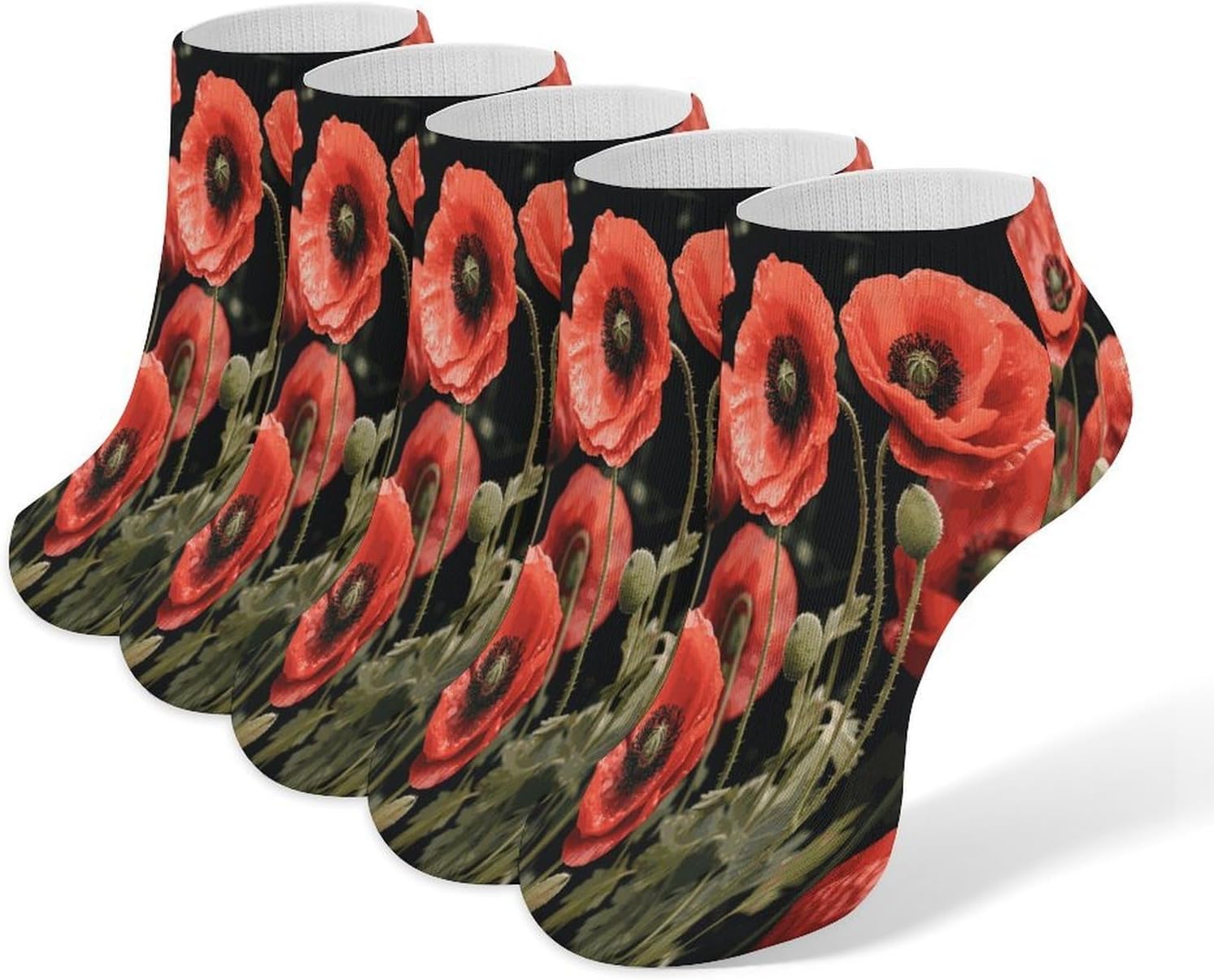 Red Poppy Flowers Leaves Ankle Socks for Men Women 5 Pairs | Comfortable Casual Low Cut Socks, Lightweight No Show Breathable Athletic Socks, Soft Mini Crew Socks for All Seasons