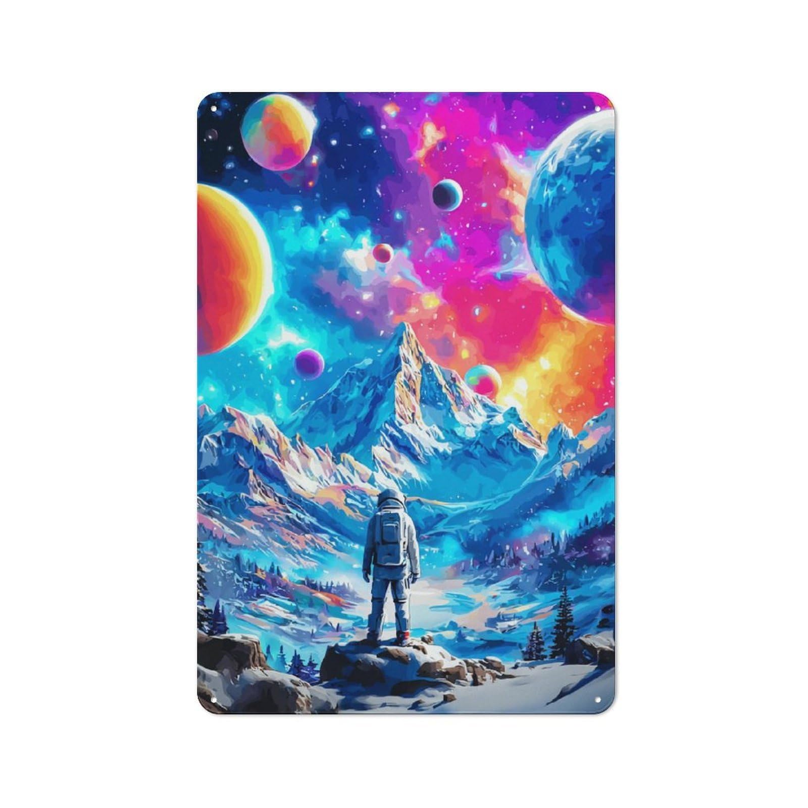 Junmoney Astronaut In Colorful Space -1 Loft Style Metal Wall Decor 30X20cm, Decorative Metal Plaque For Loft, Studio, Office Or Creative Room