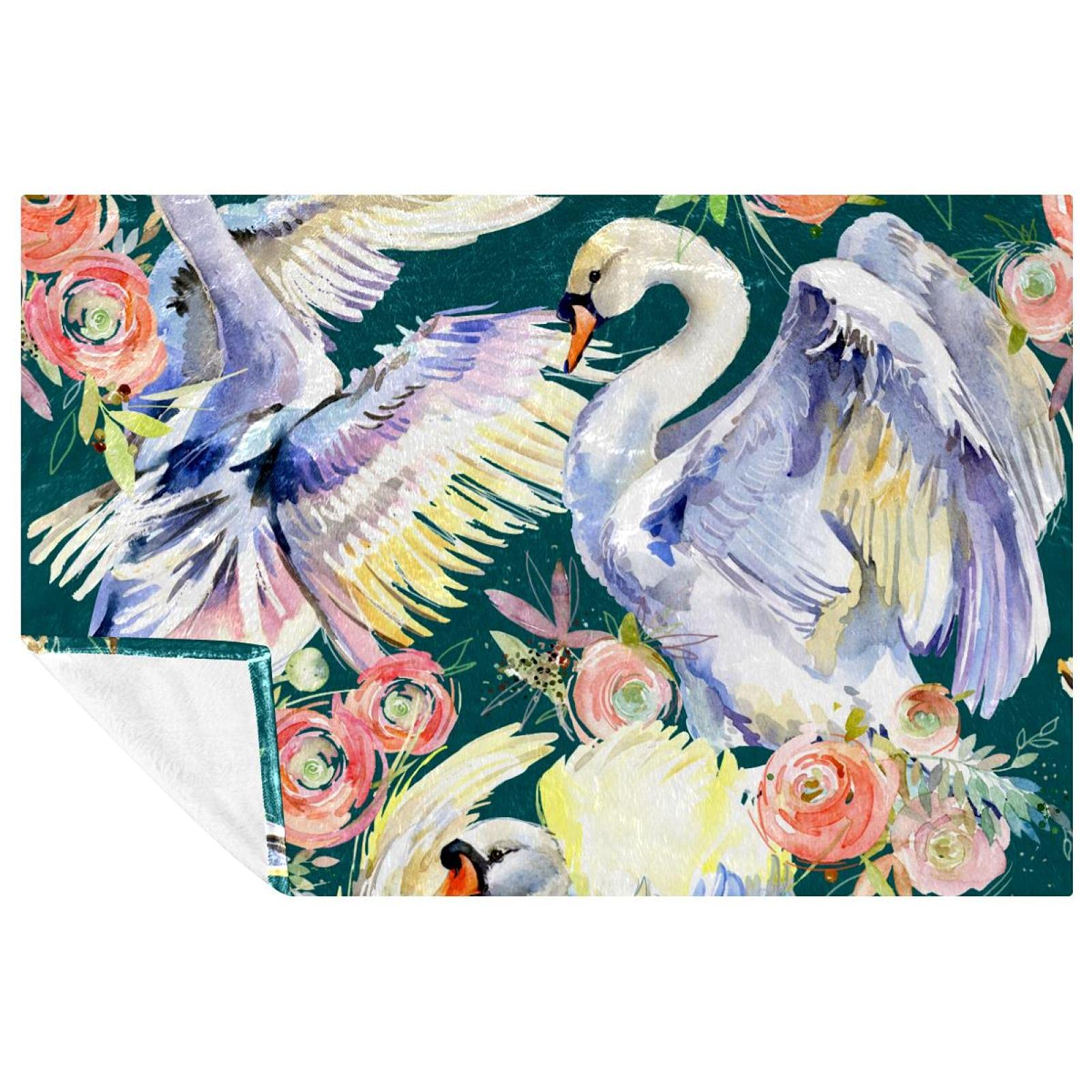 Couverture cygnes et roses au toucher velours, plaid haut de gamme pour lit et canapé