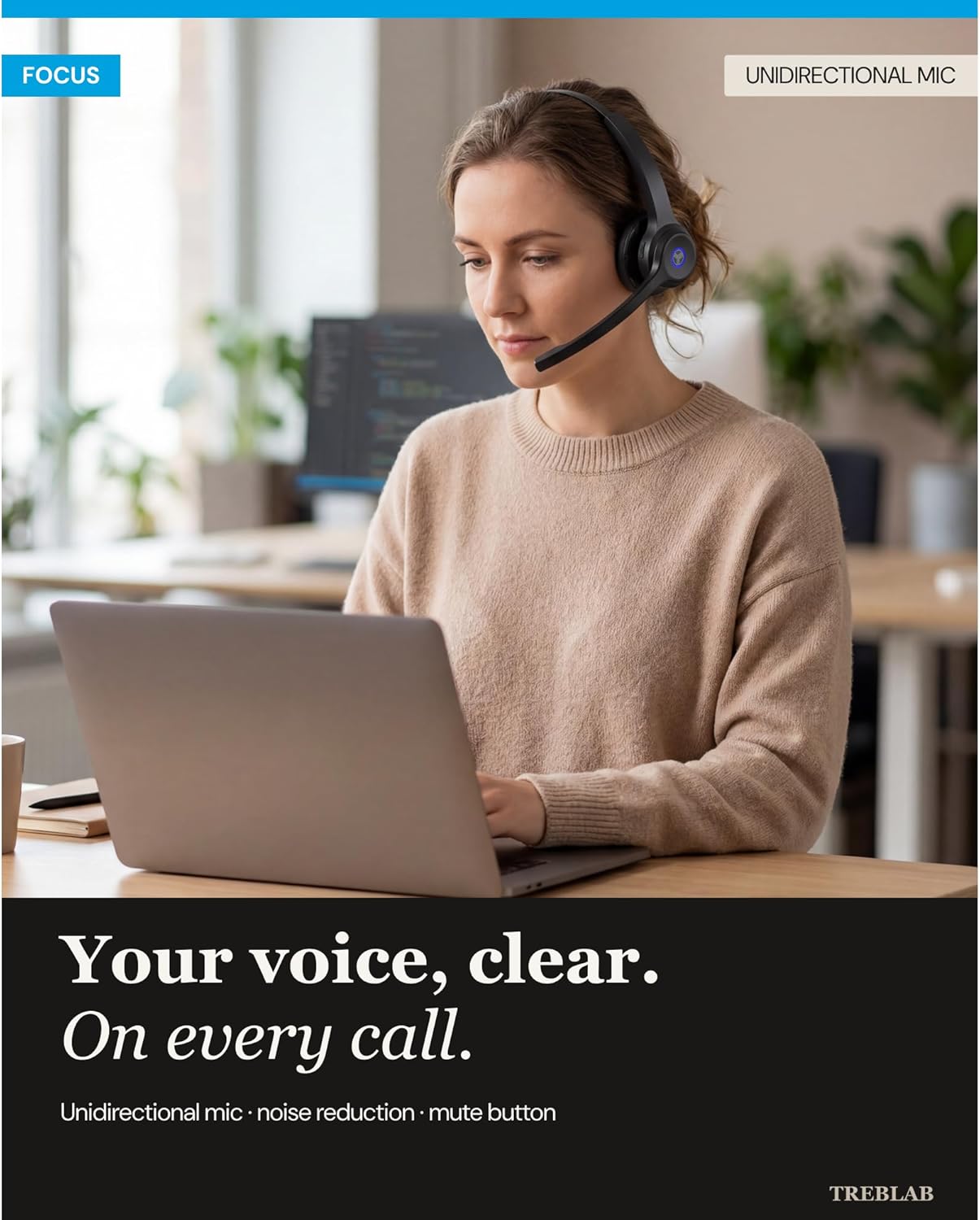 TREBLAB C7 - Single Ear Bluetooth Headset with Mic, Bluetooth 5.4, 45H Playtime, Type-C Fast Charging, IPX4 Waterproof, Wireless Headset with Mic for Trucker, Work, Calls, Home Office