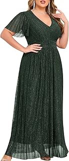 Plus Size Maxi Formal Dress Sparkly V-Neck A-line Ruffle Sleeves Evening Gown Cocktail Prom Lace