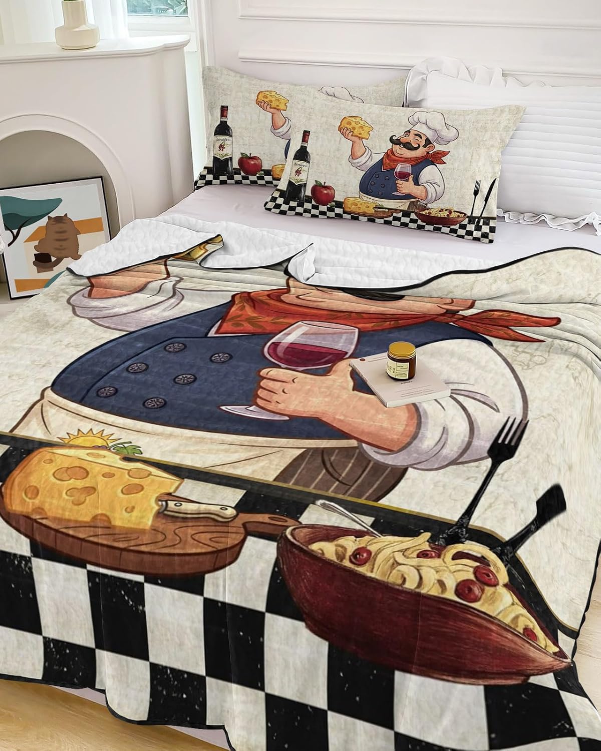 King Size Quilt Set, Smiling Chef Cheese Wine Lightweight Bedspread Coverlet Set Soft Microfiber Summer Quilt with 2 Pillow Shams, Retro Kitchen Art 3 Piece Comforter Bedding Set