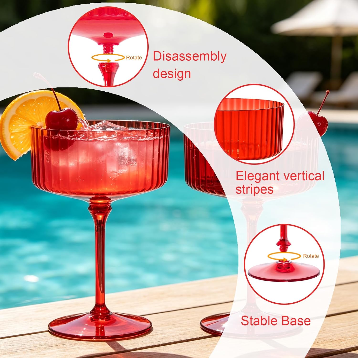 12PCS Detachable Plastic Martini Glasses, 10oz Plastic Ribbed Coupe Glasses with Stem Reusable Striped Champagne Vintage Wine Glasses Disposable Cups for Wedding Cocktail Party Bar Supplies Red image 2