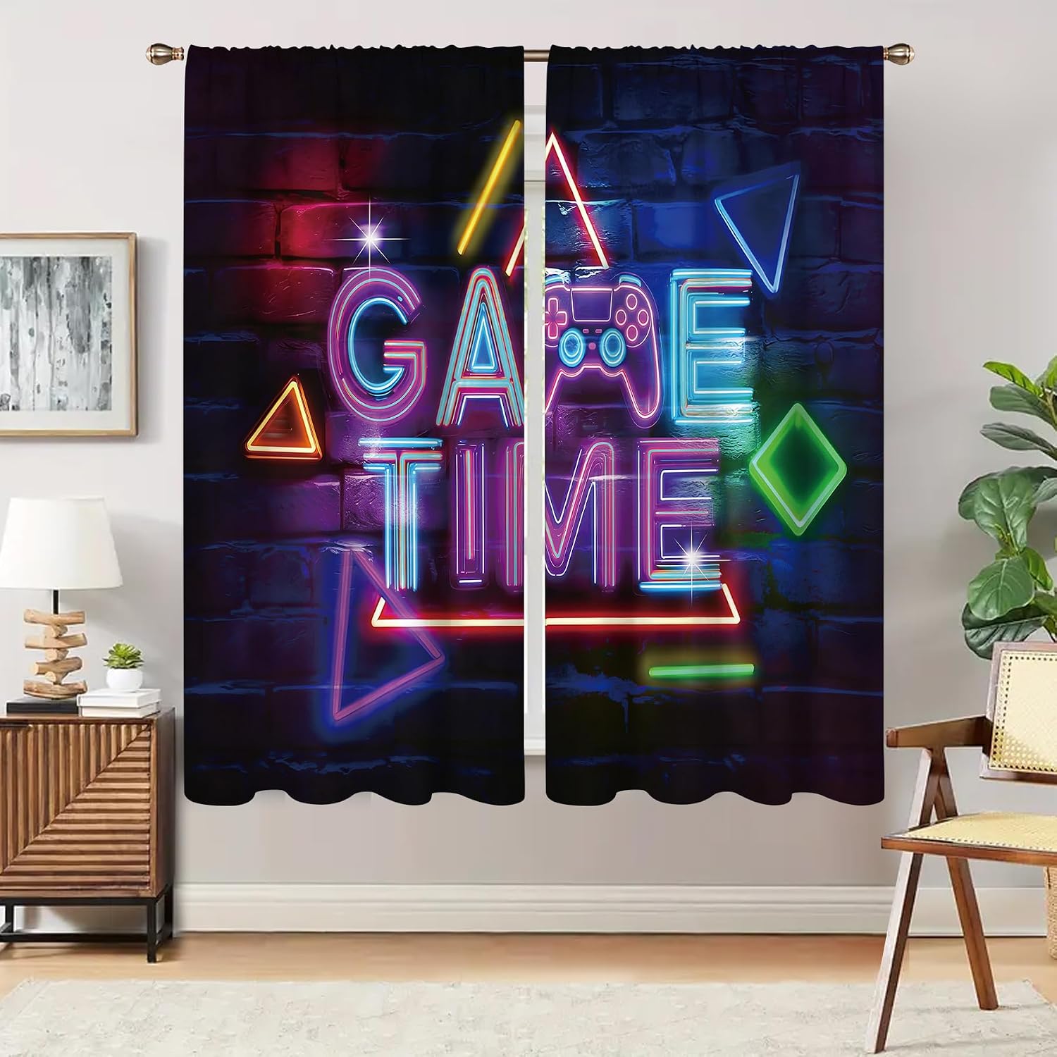 Neon Gaming Window Curtains, Teen Boys Cool Light-Filtering Drapes for Living Room Bedroom, Gamer Video Game Brick Rod Pocket Window Treatments (2 Panels, 42 x 63 in)