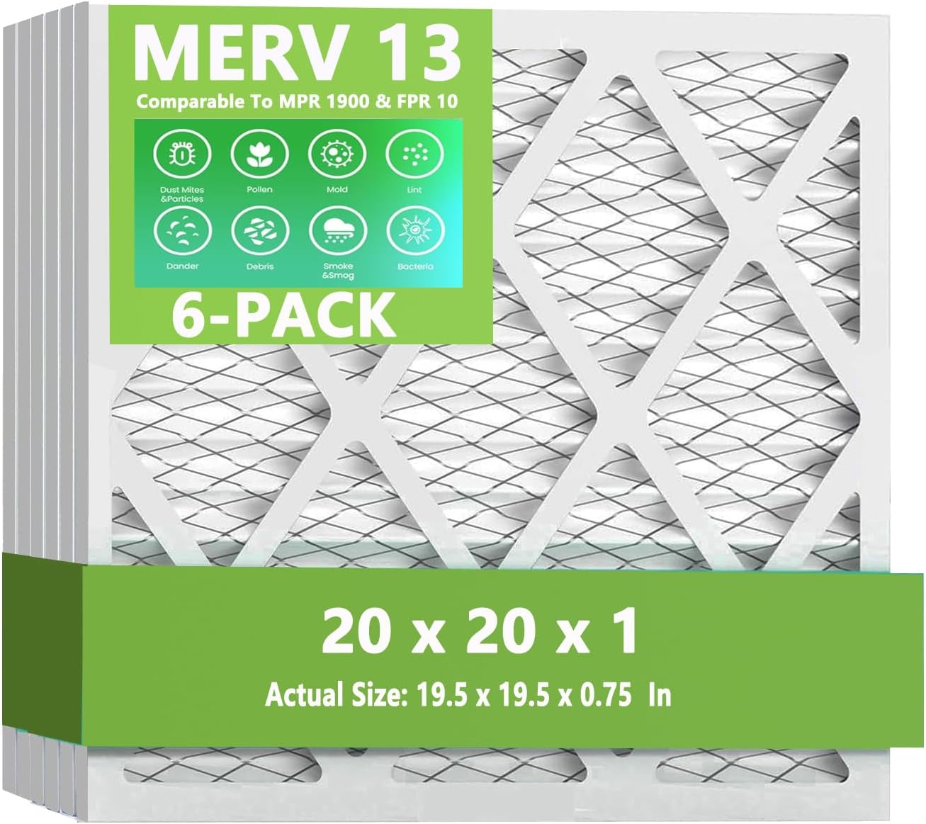 (6 Pack) 20x20x1 Furnace Air Filters, MPR 1900 & FPR 10, MERV 13 Pleated Air Filter (Actual Size: 19.75" x 19.75" x 0.75")