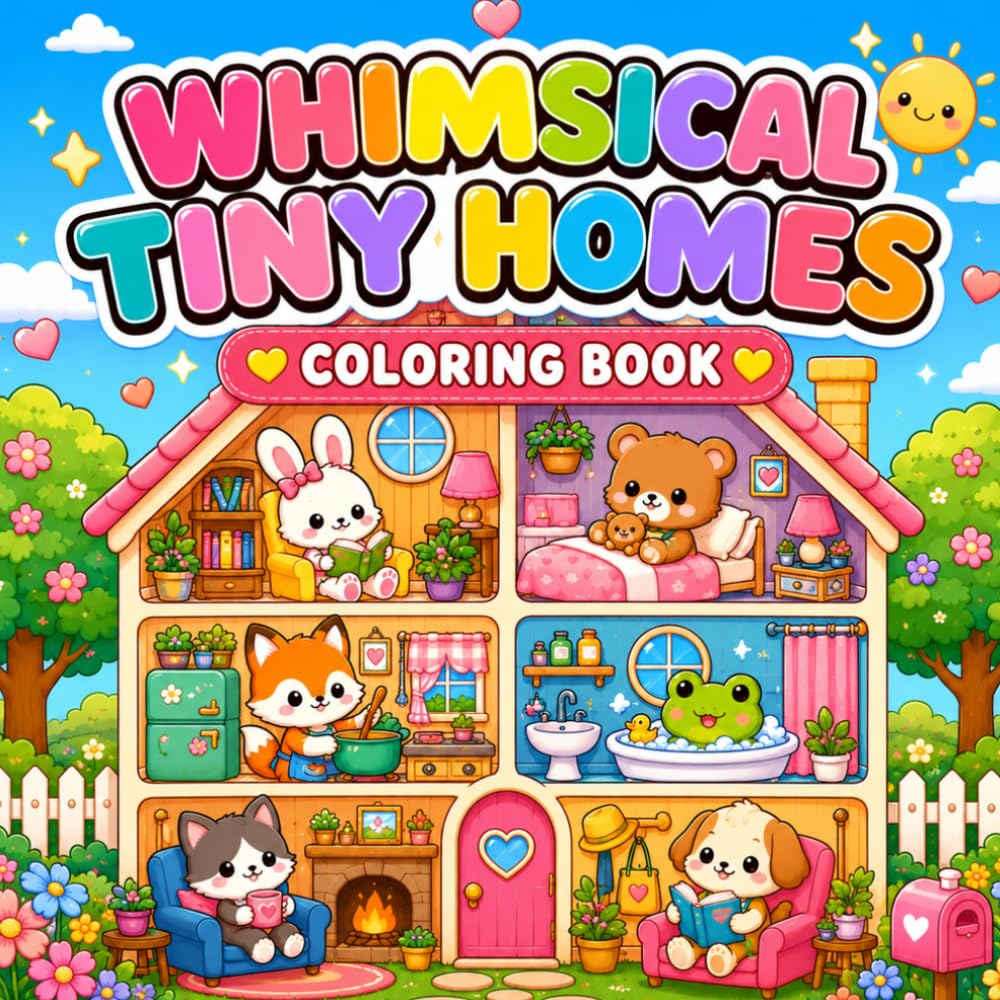 Whimsical Tiny Homes Coloring Book: Cute Animal Dollhouses, Cozy Rooms, Tiny House Interiors and Fun Coloring Pages for Kids