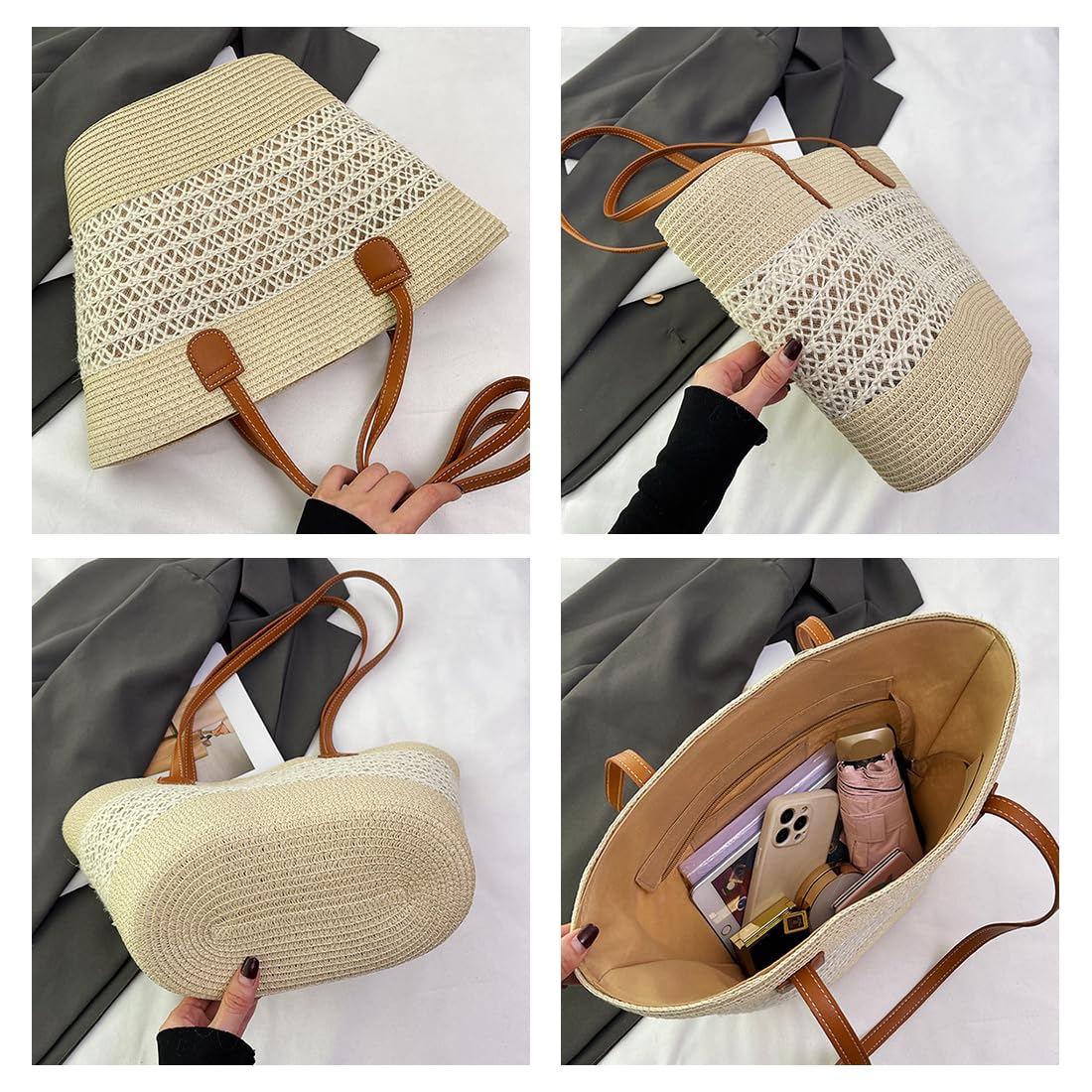 Pahajim Ensemble Sac et Chapeau en Paille Cabas Femme Raphia Chic Sac a Main Ete avec Fermeture Éclair pour Plage Voyage Vacances