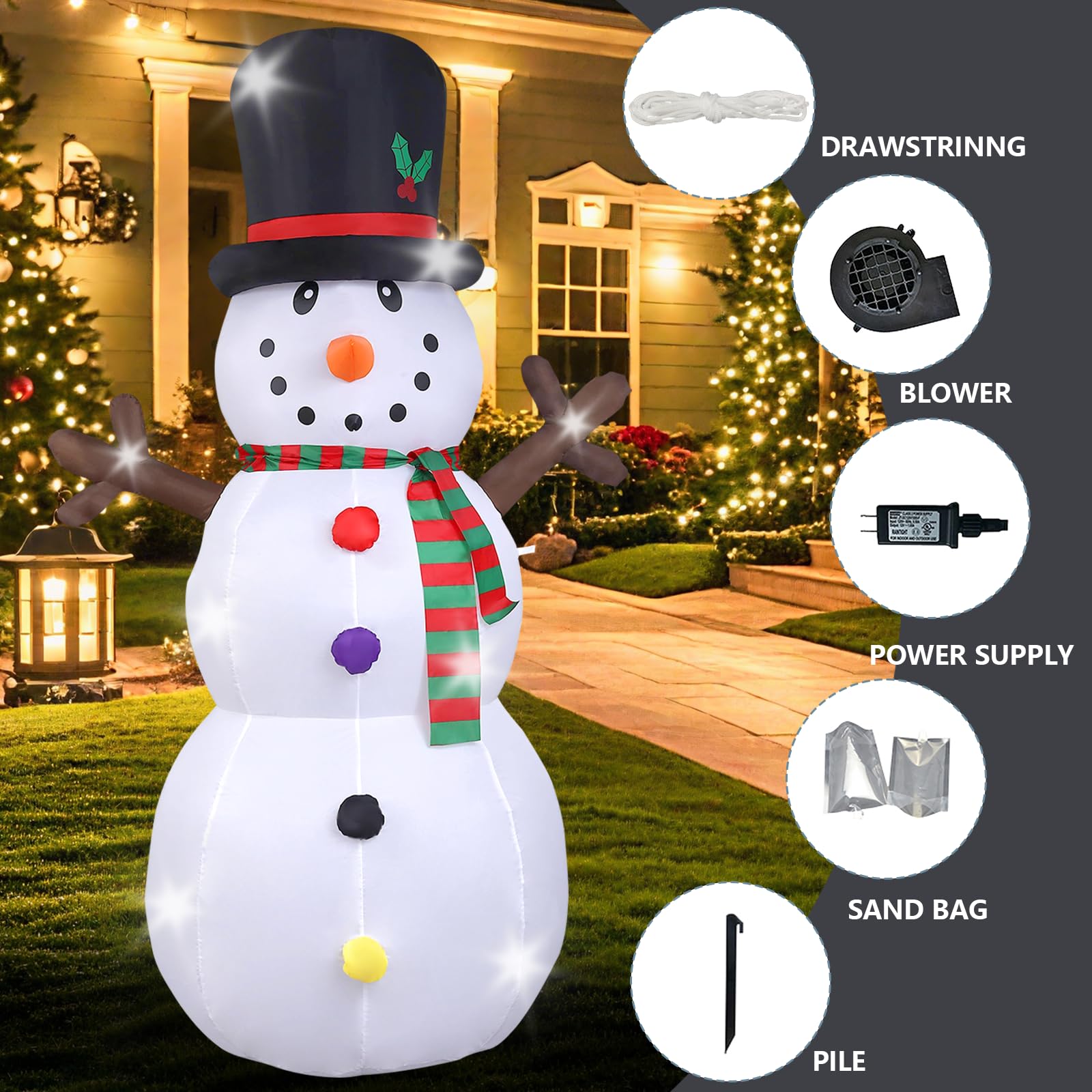 Bonhomme de Neige de Noël Gonflable, 240cm Bonhomme de Neige avec Lumières LED, Décoration de Noël avec des Pieux de Cordes Fixes, Décoration du Modèle pour Jardin Fête Intérieur Extérieur -1250mA/15W