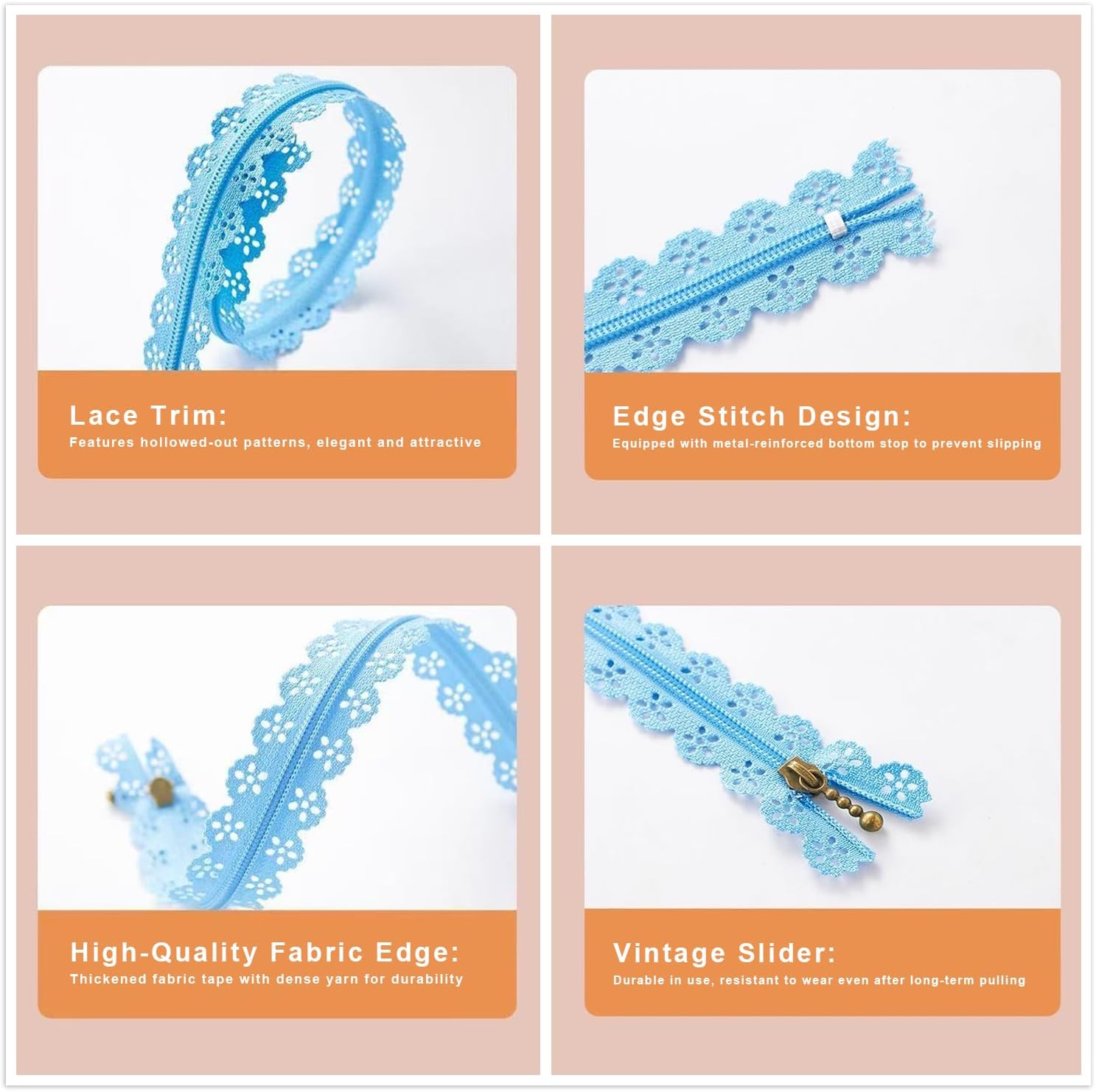 4PCS 3# Nylon Zipper(Closed-End), Lace Trim Zipper for Pockets, Throw Pillows, Skirts, Wallets, DIY Sewing & Home Textiles (Pink, 30cm)