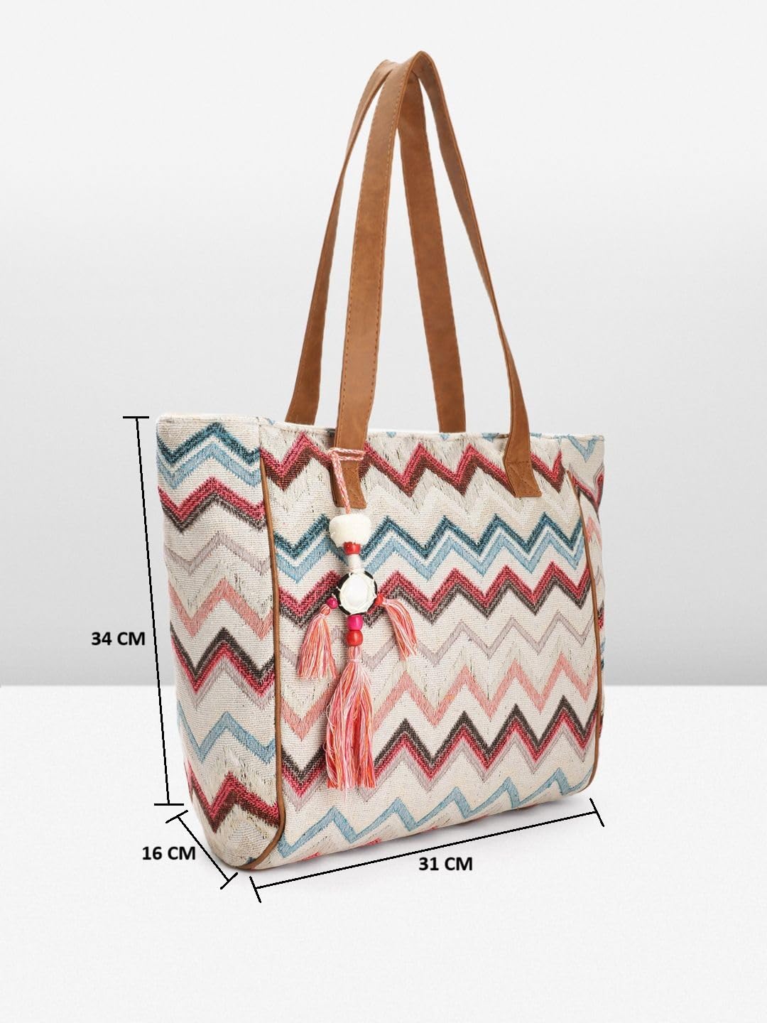 Chevron Pattern Tote Bag with Tassels, Beige and Multi-Colour
