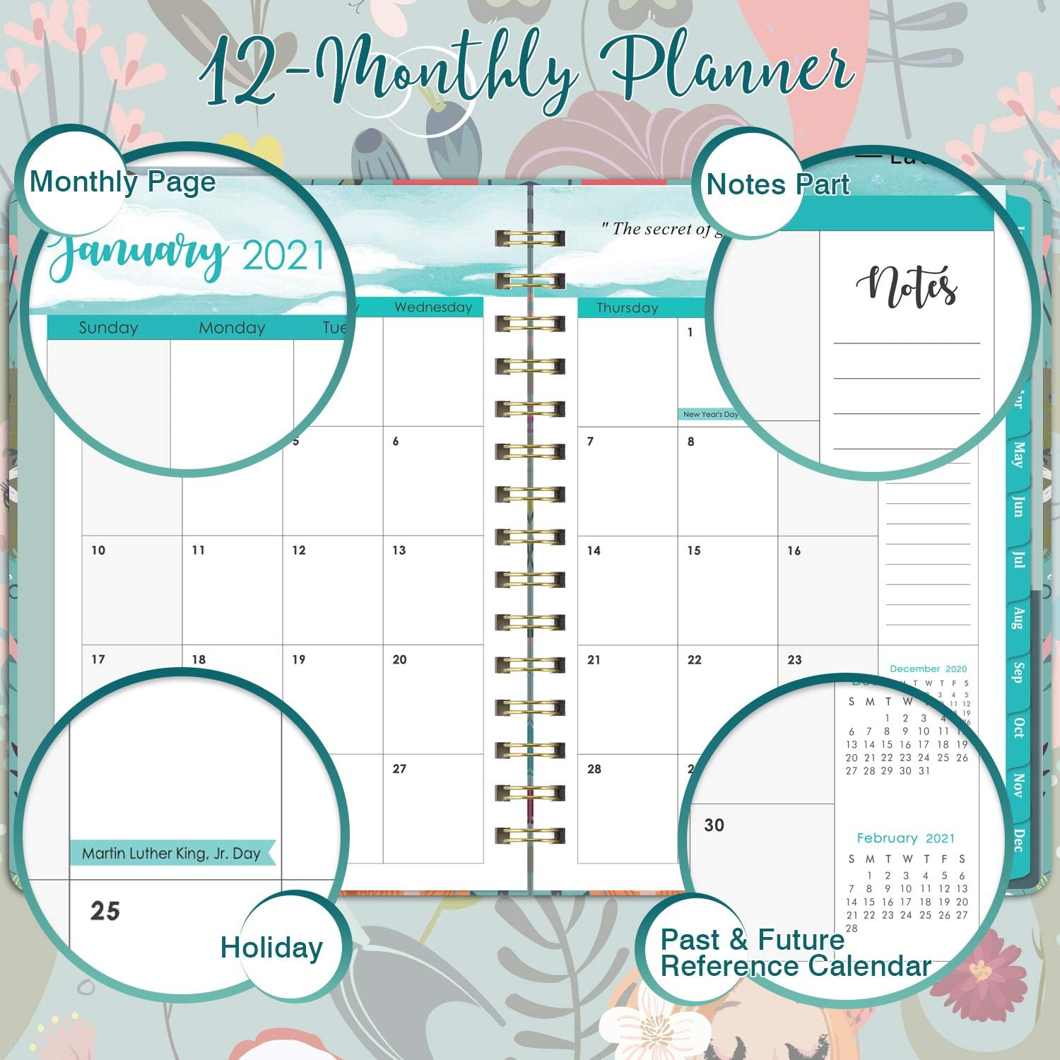 2021 Planner - Weekly & Monthly Planner with Monthly Tabs, Jan 2021 - Dec 2021, 6.4" x 8.5", Flexible Floral Hardcover with Thick Paper, Elastic Closure & Inner Pocket