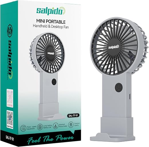 Salpido Mini Portable Handheld & Desktop Fan with Phone Holder, 3-Speed Adjustment, Type-C Charging (Cable Included), Sile...