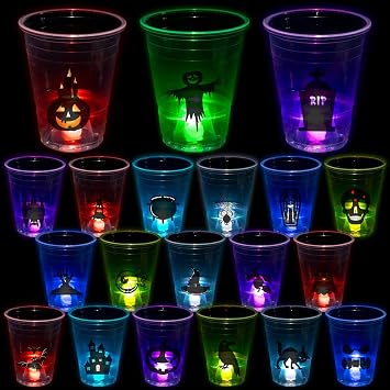 Halloween Glow in The Dark Party Cups, 25Pcs Halloween Disposable Plastic Cups Light Up Cups with Horror Stickers for Kids Adults Birthday Party Decorations Supplies, 16oz