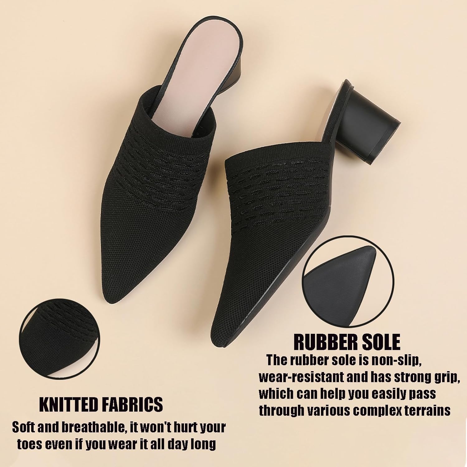 Women’s Knit Mesh Chunky Heel Mules Closed Pointed Toe Backless Slip On Mid Block Heel Dress Slide Sandals Summer Breathable Daily Party Pumps - Image 3