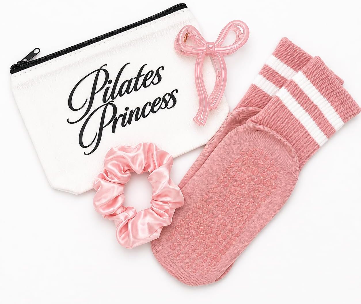 M.O.Q. Pilates Princess Gift Set, Canvas Bag, Grip Socks, Scrunchie, and Bow Hair Claw Clip, for Women