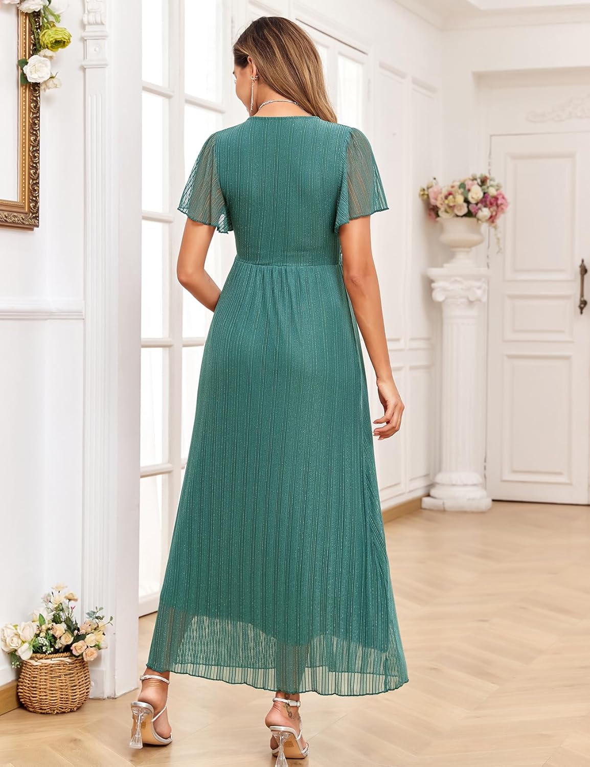 AISWI Maternity Sparkly Mesh Maxi Dress Ruffle Sleeve Wrap V Neck Flowy Pregnancy Dresses Baby Shower Photoshoot Formal