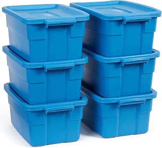 Rubbermaid Roughneck️ 3 Gallon Storage Totes, Pack of 6, Durable Stackable Storage Containers with Lids, Nestable Plastic Storage Bins for Accessories, Office Supplies, Tool Storage, Heritage Blue