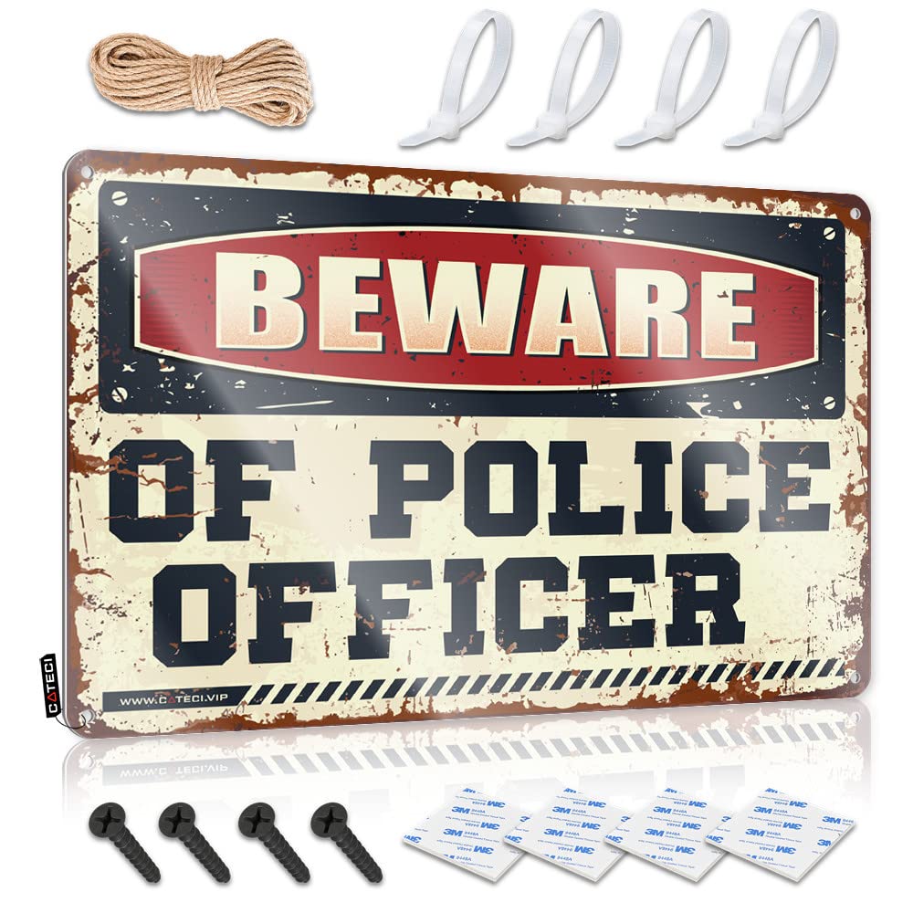 HELIOFORGE Home Wall Decor Funny Metal Sign Beware Of Police Officer Tin Sign Mens Room Sign Whiskey Signs For Home Bar(30X40CM)
