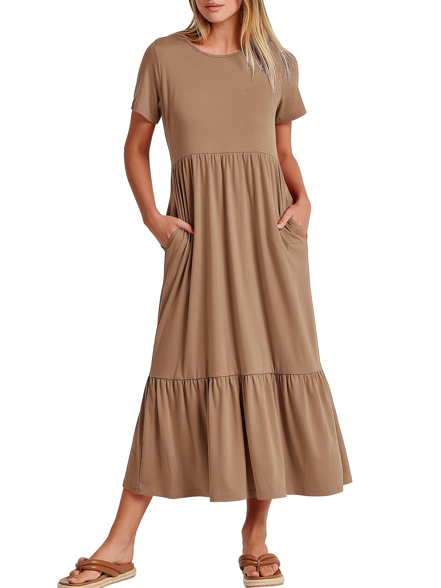 ANRABESS Women Summer Casual Short Sleeve Crewneck Aline Swing Flowy Tiered Shirt Maxi Beach Long Dress 2025 Trendy Outfits