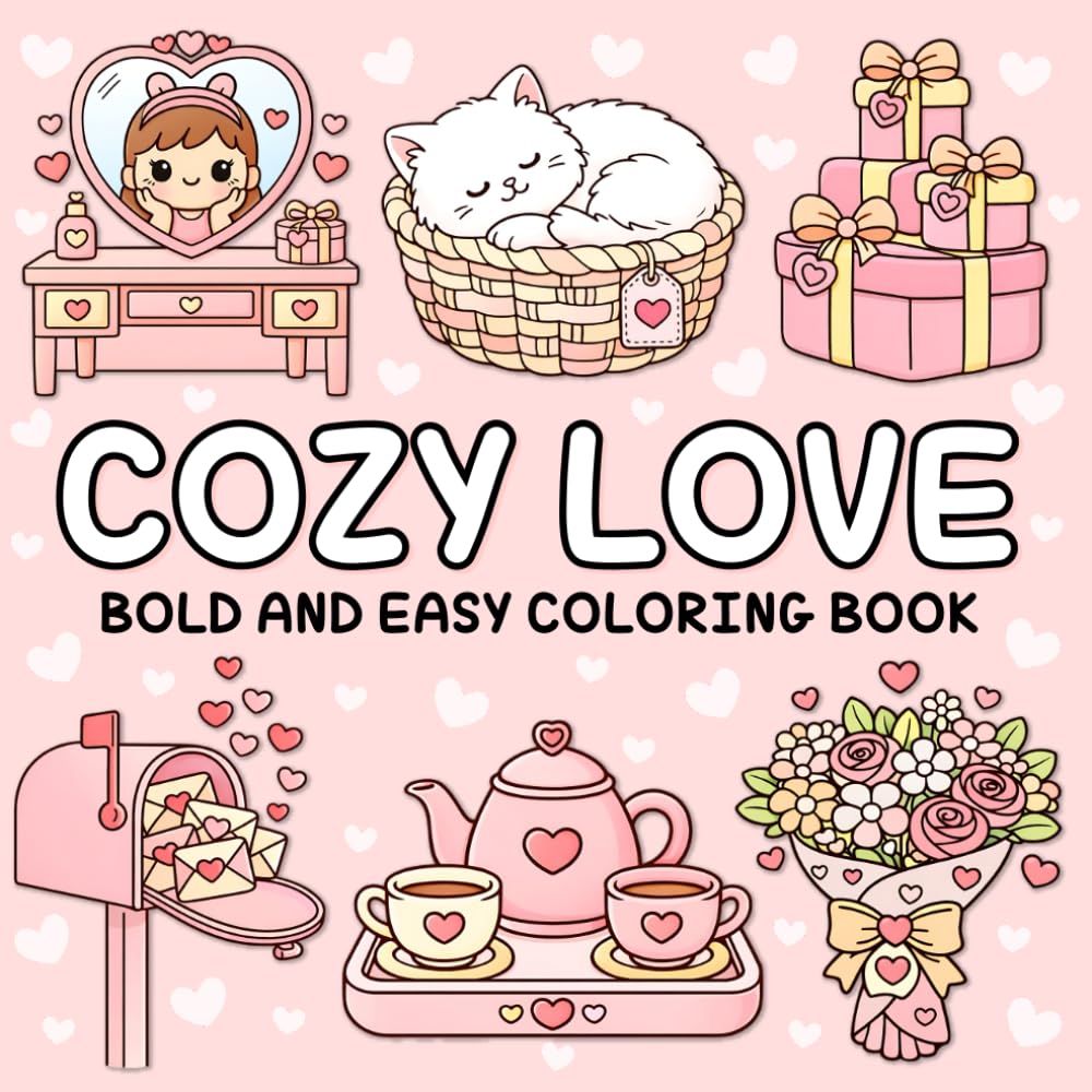Cozy Love Bold and Easy Coloring Book: Cute & Sweet Love-Themed Designs for Relaxing Stress Relief and Simple Coloring Fun for Adults, Seniors, Teens & Kids