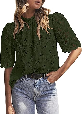 BETTE BOUTIK Womens Lace Tops 2025 Trendy Long Short Sleeve Eyelet Embroidered Dressy Casual Blouse Shirts