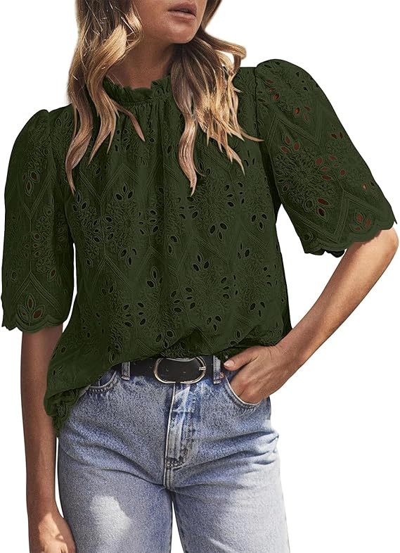 BETTE BOUTIK Womens Lace Tops 2025 Trendy Long Short Sleeve Eyelet Embroidered Dressy Casual Blouse Shirts