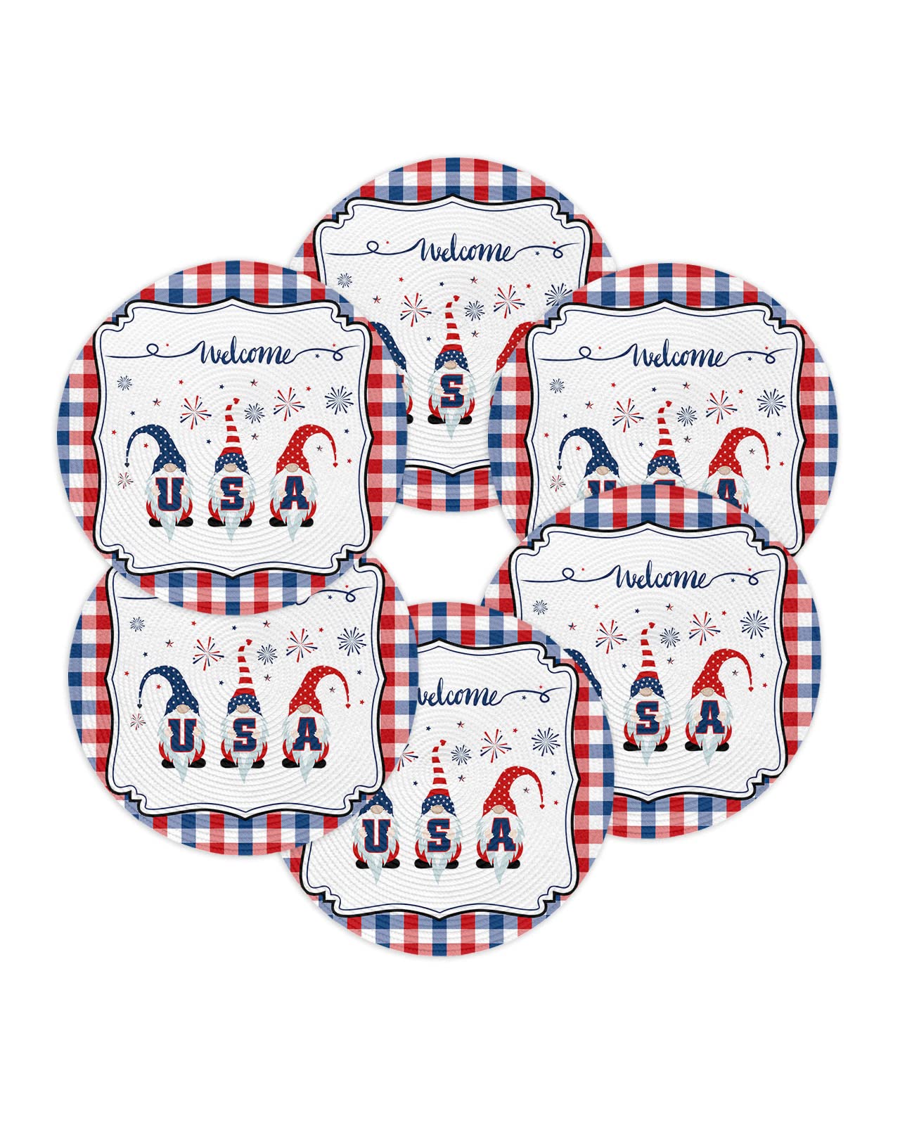 Round Placemats for Dining Table Set of 6 USA Flag Gnomes July 4th Place Mats Circle Washable Woven Placemat Patriotic Stars Blue Red Plaid Patriotic Braided Table Mat for Kitchen Dinner Party 13 Inch