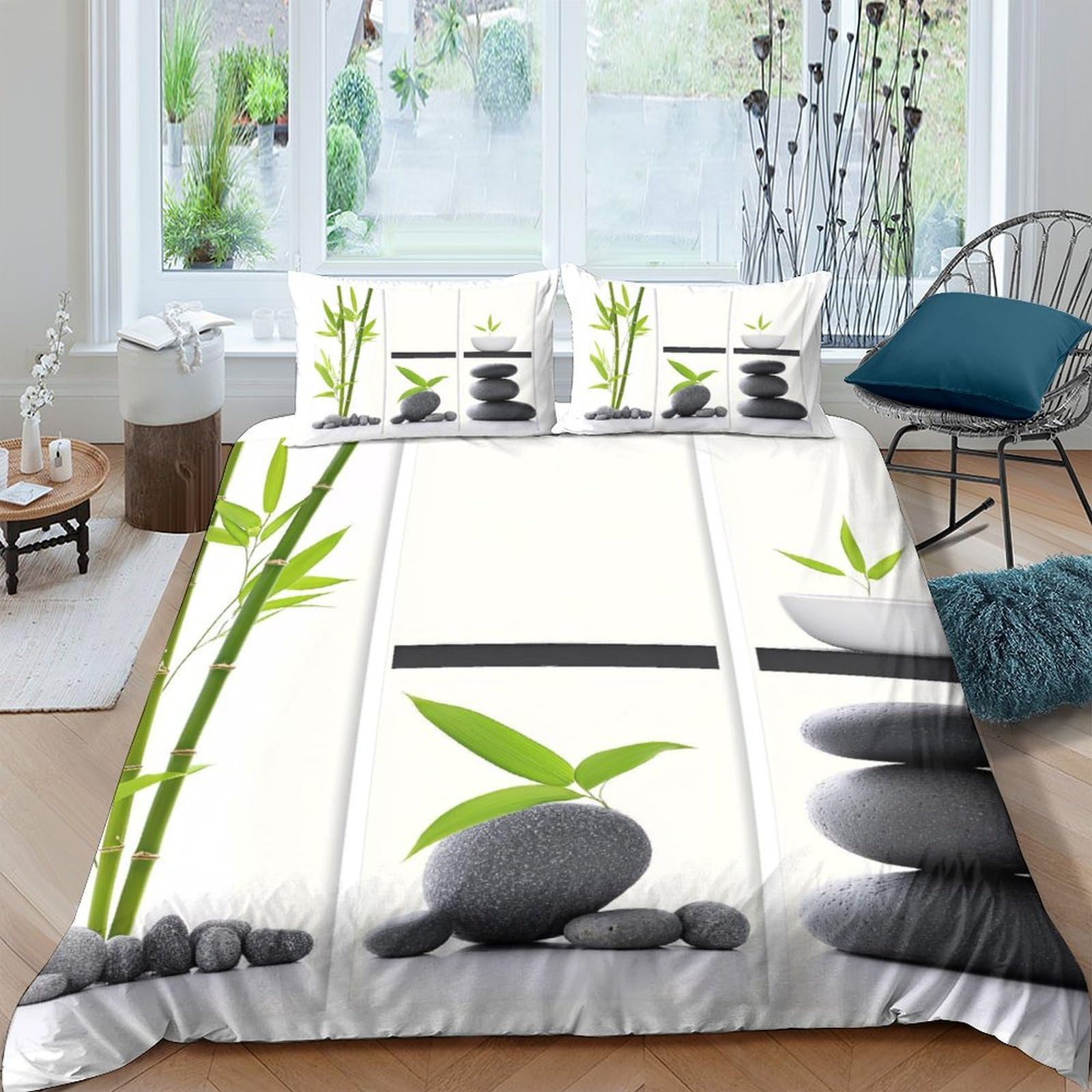Ctjqhvkz Style-2 3D Printed Bamboo Zen Stones Fitted Sheet Microfiber Breathable Bed Cover For Bedroom Dorm Mattress Decor Single（135X200cm）