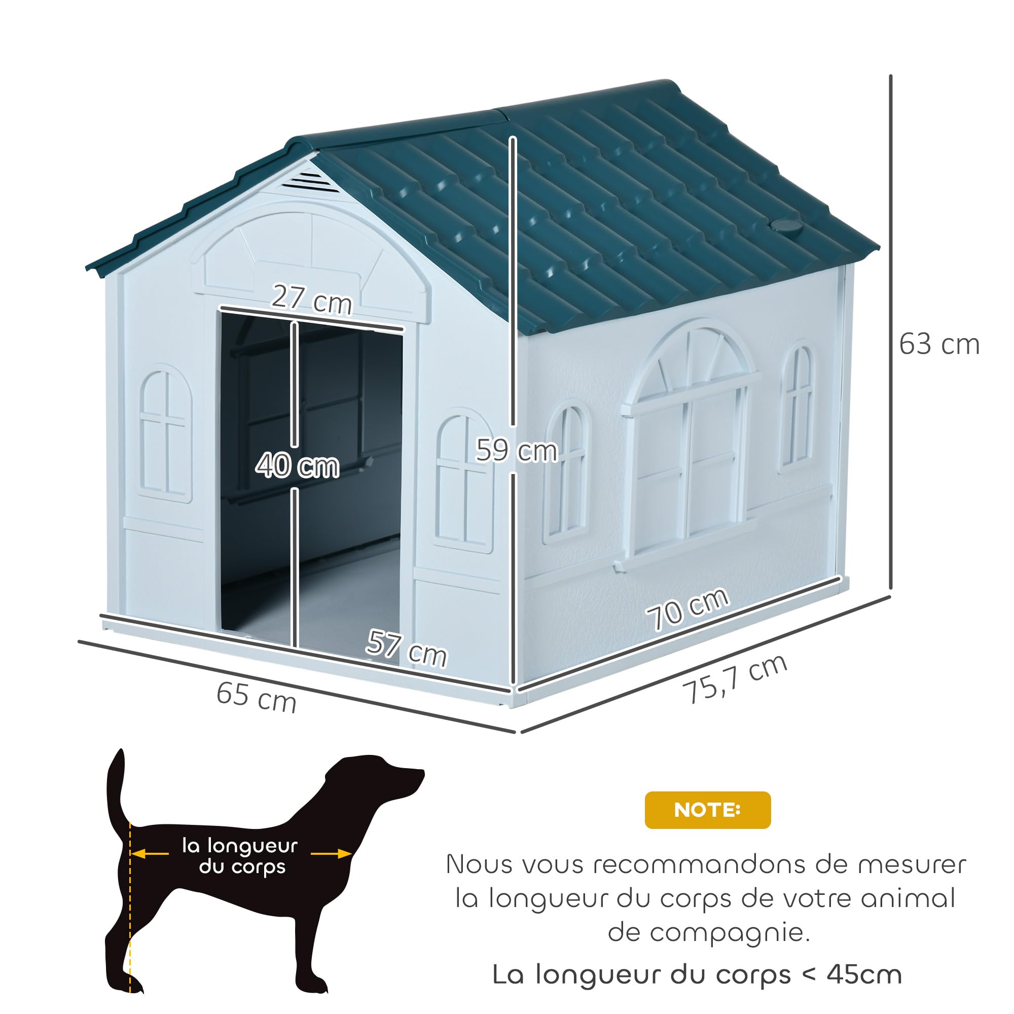 PawHut Niche d'extérieur en PP Blanc pour Chiens de Petite et Moyenne Taille - 65 x 75.7 x 63 cm | PP Imperméable, Toit en Pente, Porte Avant Ouverte, Ouverture d'Aération au-Dessus
