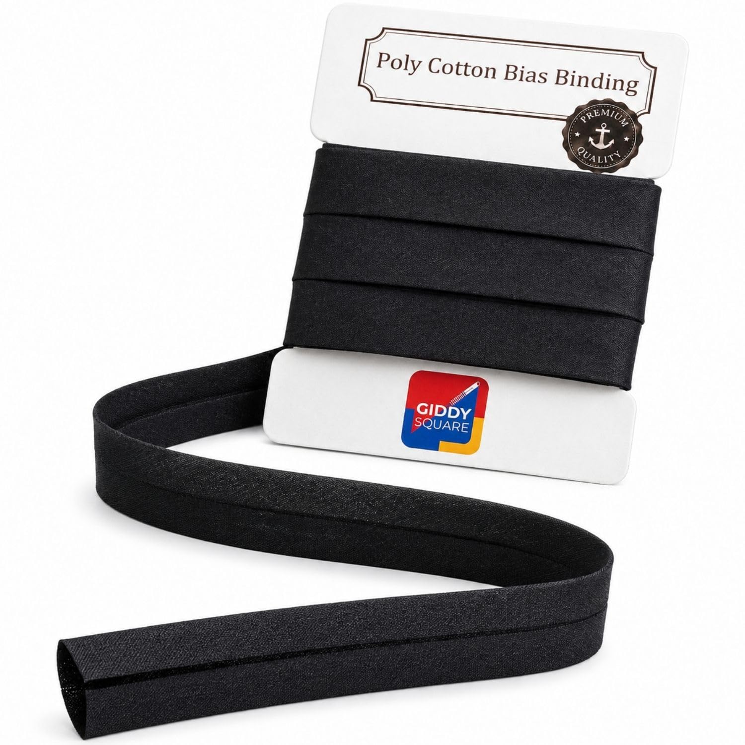 Black Bias Binding Tape 25mm 1 Inch 3 Metres - Pre-Folded Single-Fold Poly Cotton Bias Binding for Sewing, Quilting & Dressmaking - Machine Washable - Giddy Square — image 1