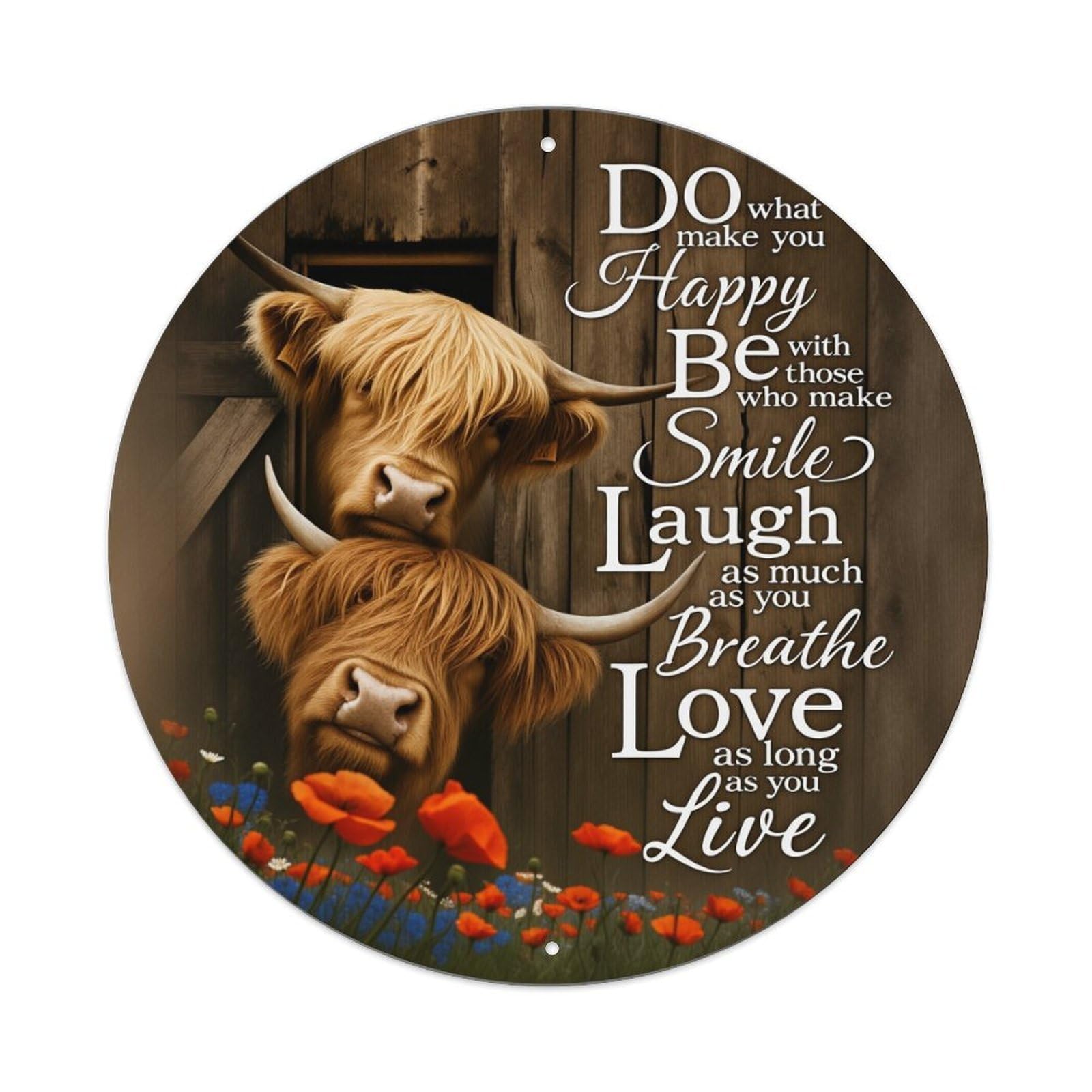 Cows Flowers Wood Door Text Round Tin Sign Vintage Metal Poster, Home Bar Garage Man Cave Cafe Indoor & Outdoor Wall Decoration 8x8Inches