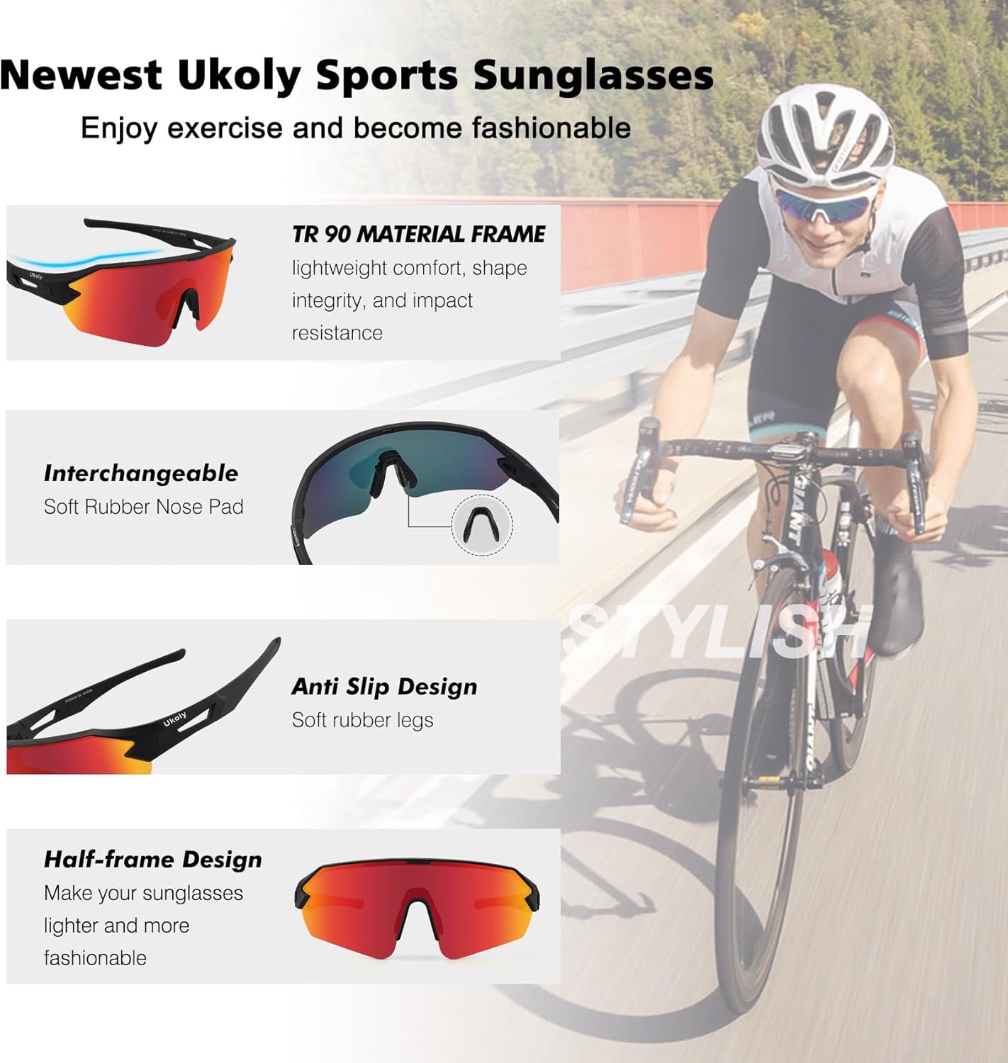 Ukoly Cycling Sunglasses for Youth Men Women, TR90 Polarized Sports Sunglasses,Outdoor Sport Baseball Glasses