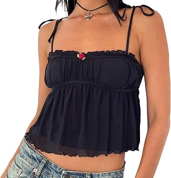 Women Cute Bow Front Cami Top Sleeveless Lace Patchwork Camisole Bow Tie Crop Tank Top Y2K Going Out Slim Fit Shirt